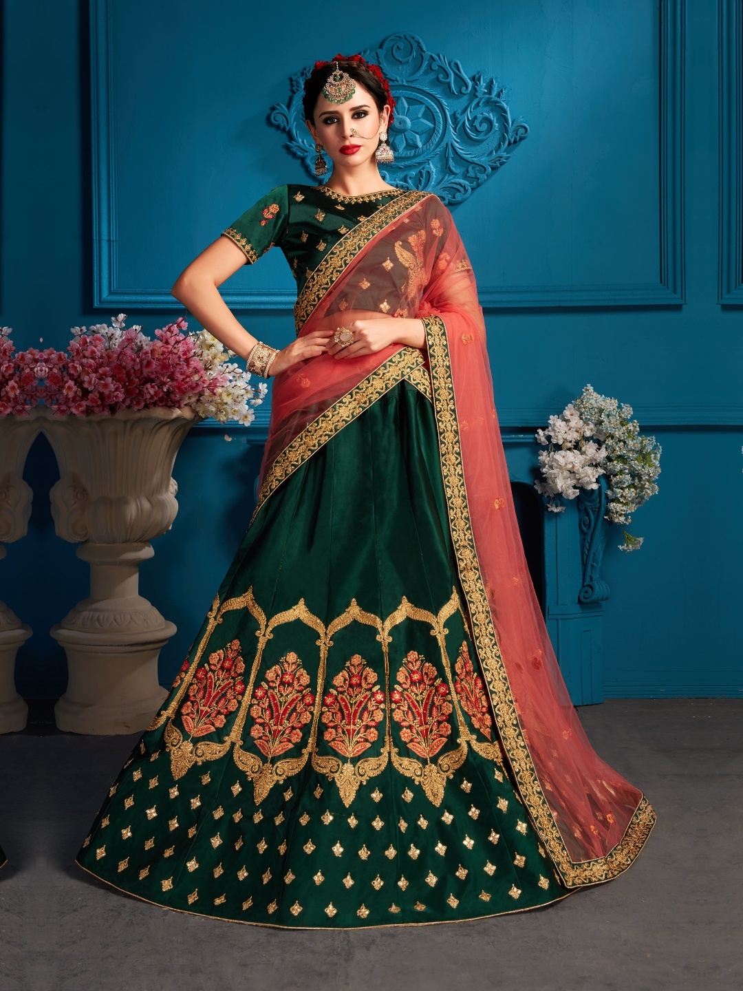 

Fusionic Embroidered Satin Semi-Stitched Lehenga & Unstitched Blouse With Dupatta, Green