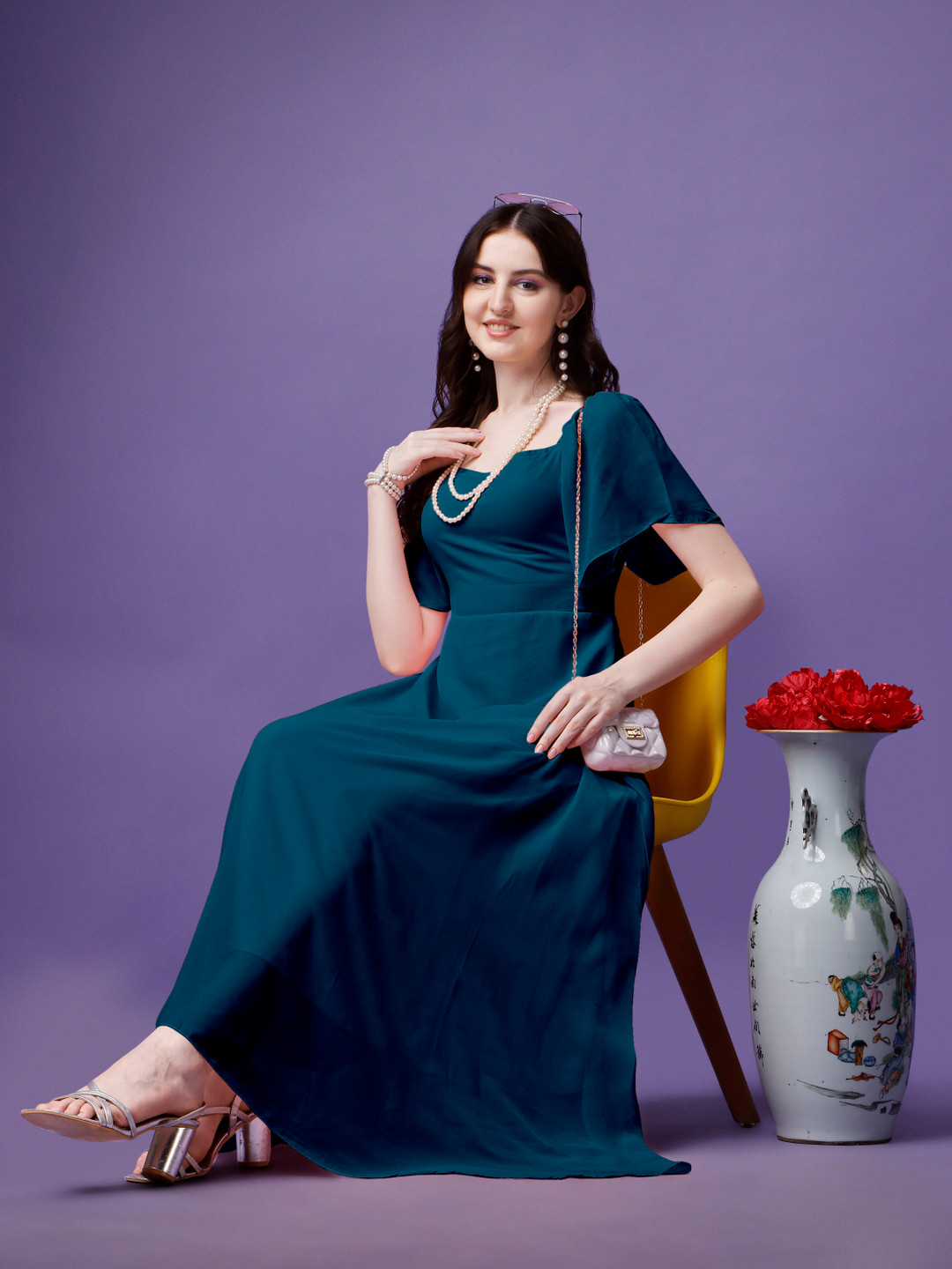 

Raiyani Enterprise Flutter Sleeve Georgette Fit & Flare Maxi Dress, Blue