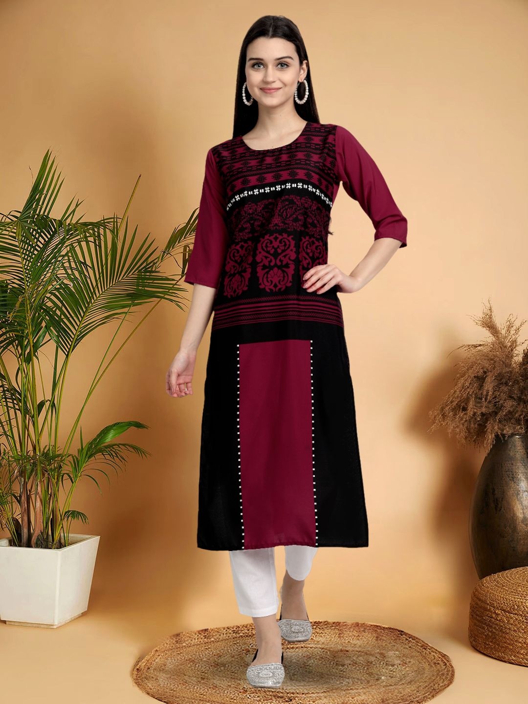 

7Threads Ethnic Motifs Printed Straight Kurta, Maroon
