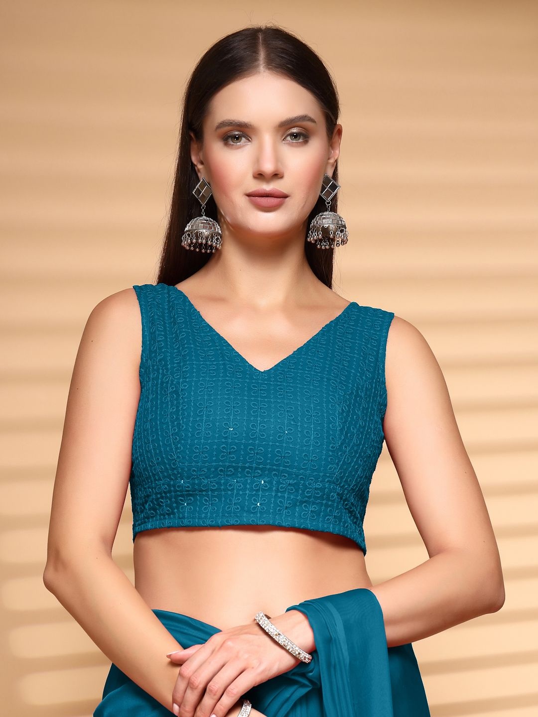 

Oomph! Embroidered V-Neck Saree Blouse, Blue