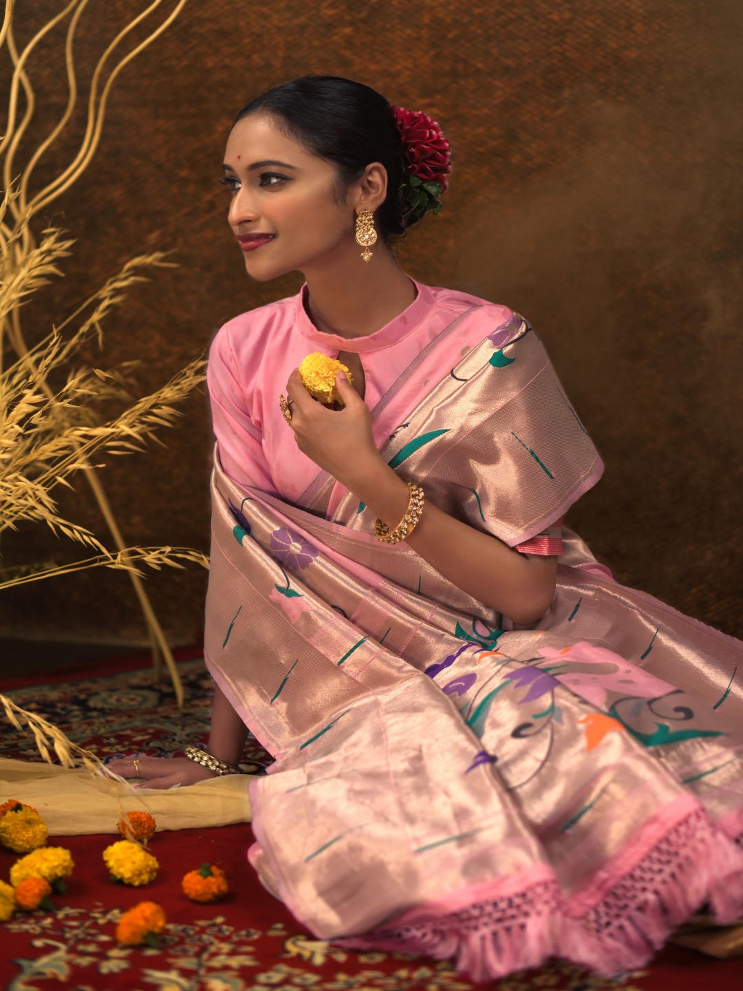 

Kandora Ethnic Motifs Woven Design Zari Pure Silk Banarasi Saree, Pink