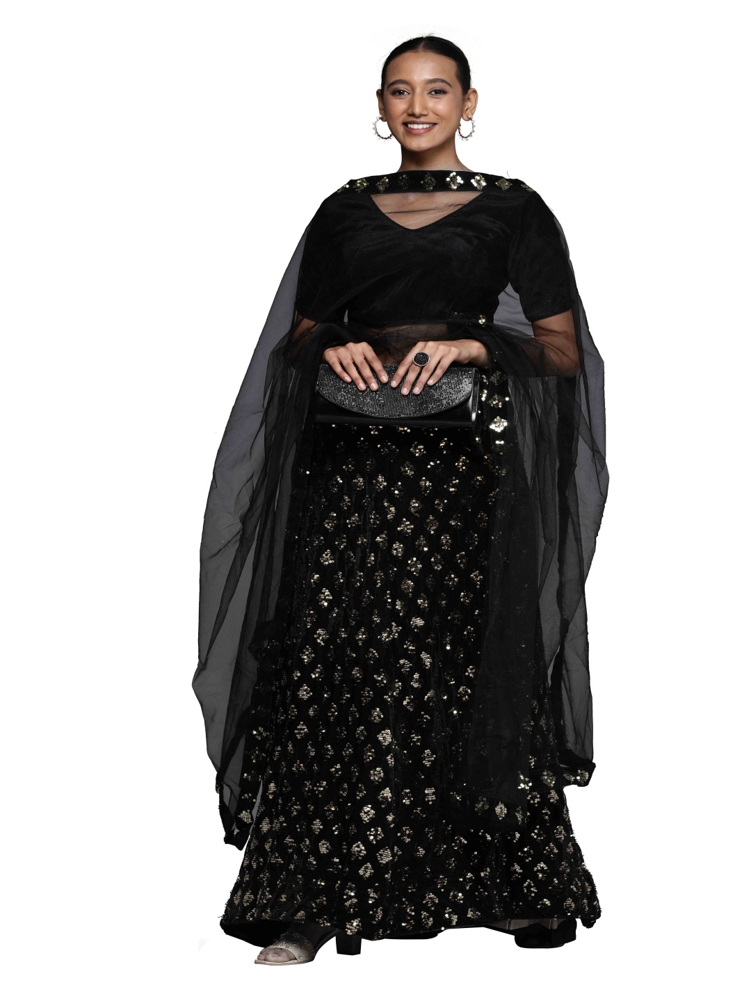 

Maroosh Women Embellished Sequinned Unstitched Lehenga & Blouse With Dupatta, Silver