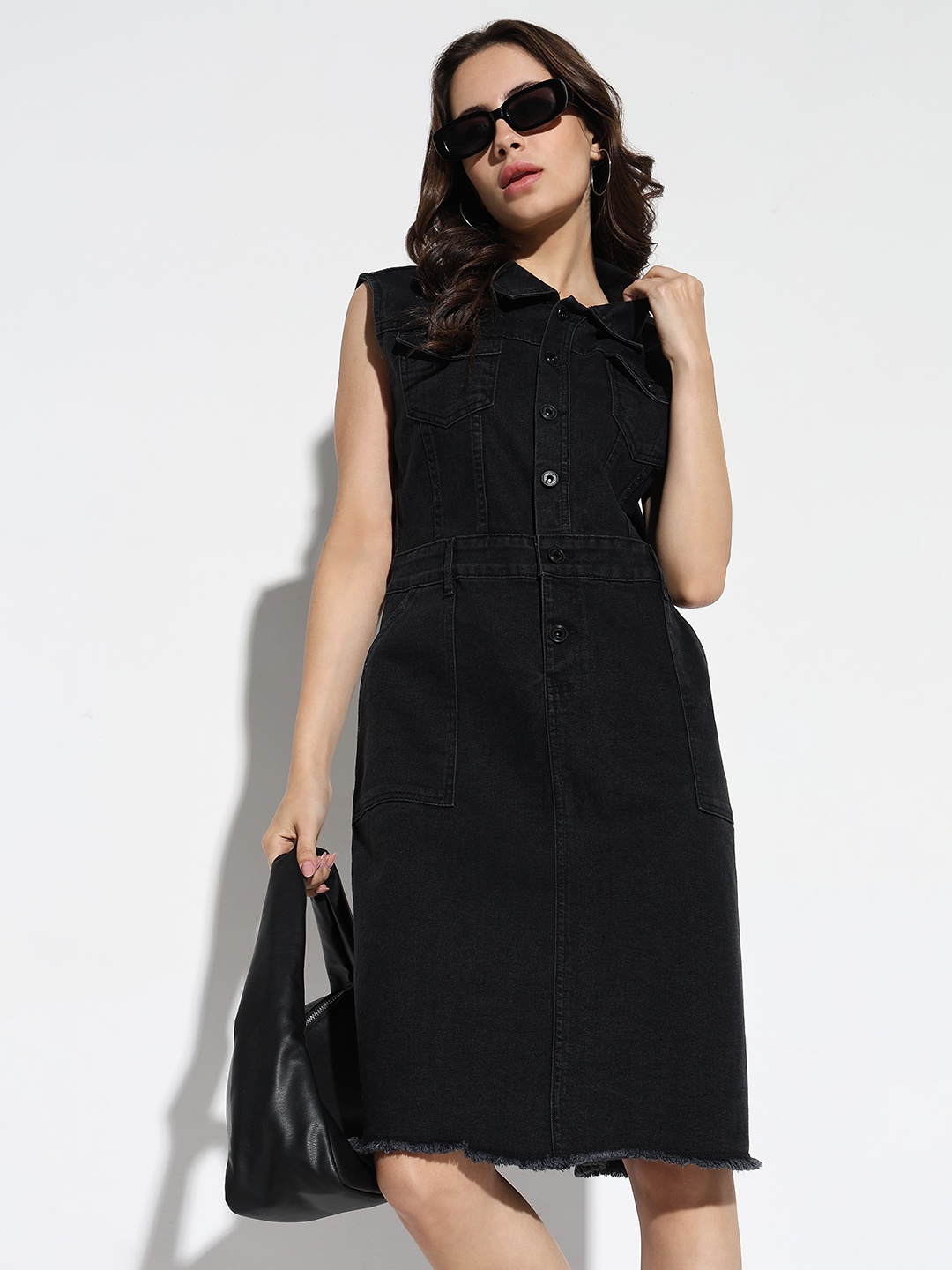 

SHOWOFF Women Solid Denim A-Line Knee Length Dress, Black