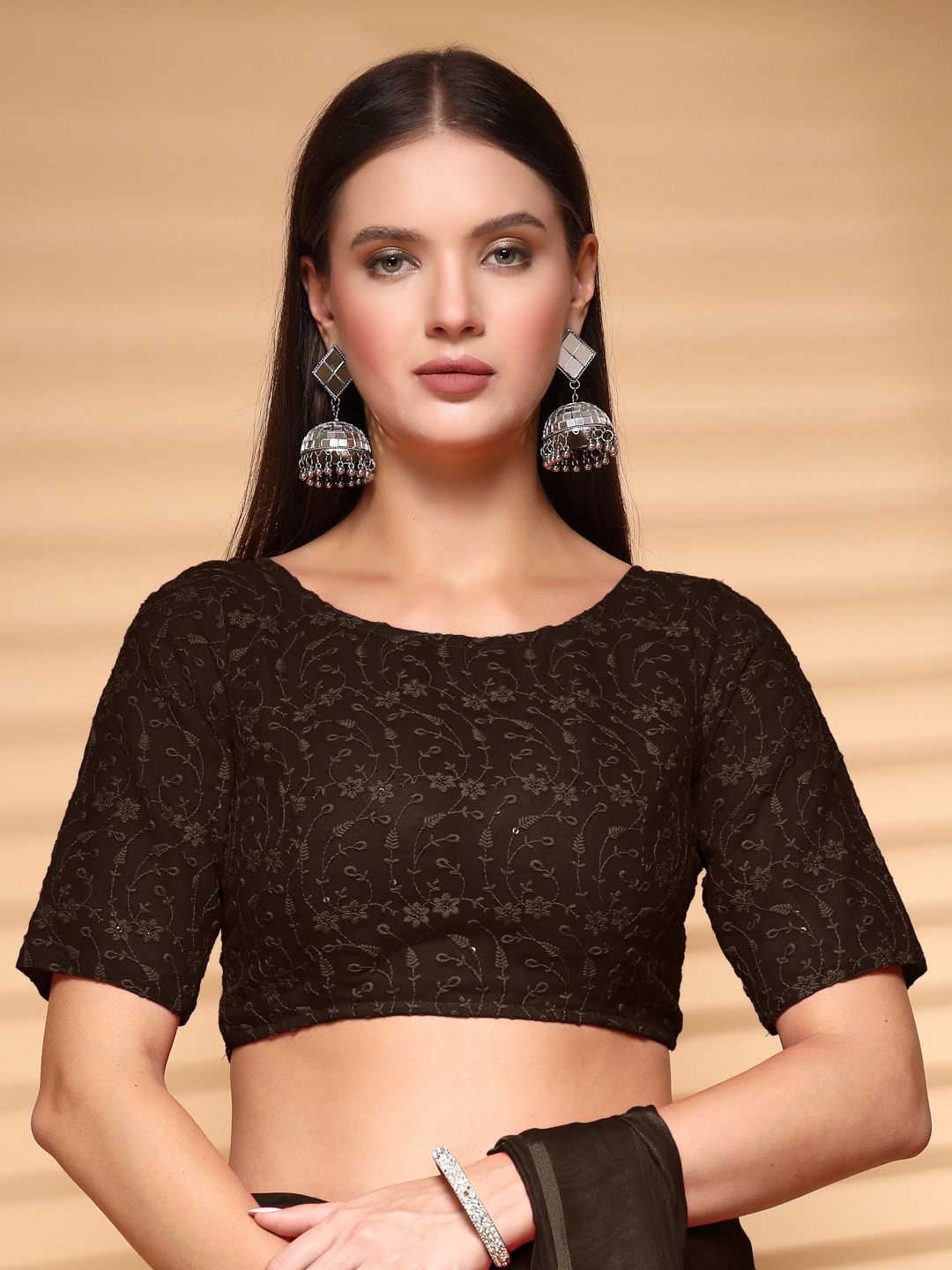 

Oomph! Non Padded Embroidered Sequinned Round Neck Saree Blouse, Green