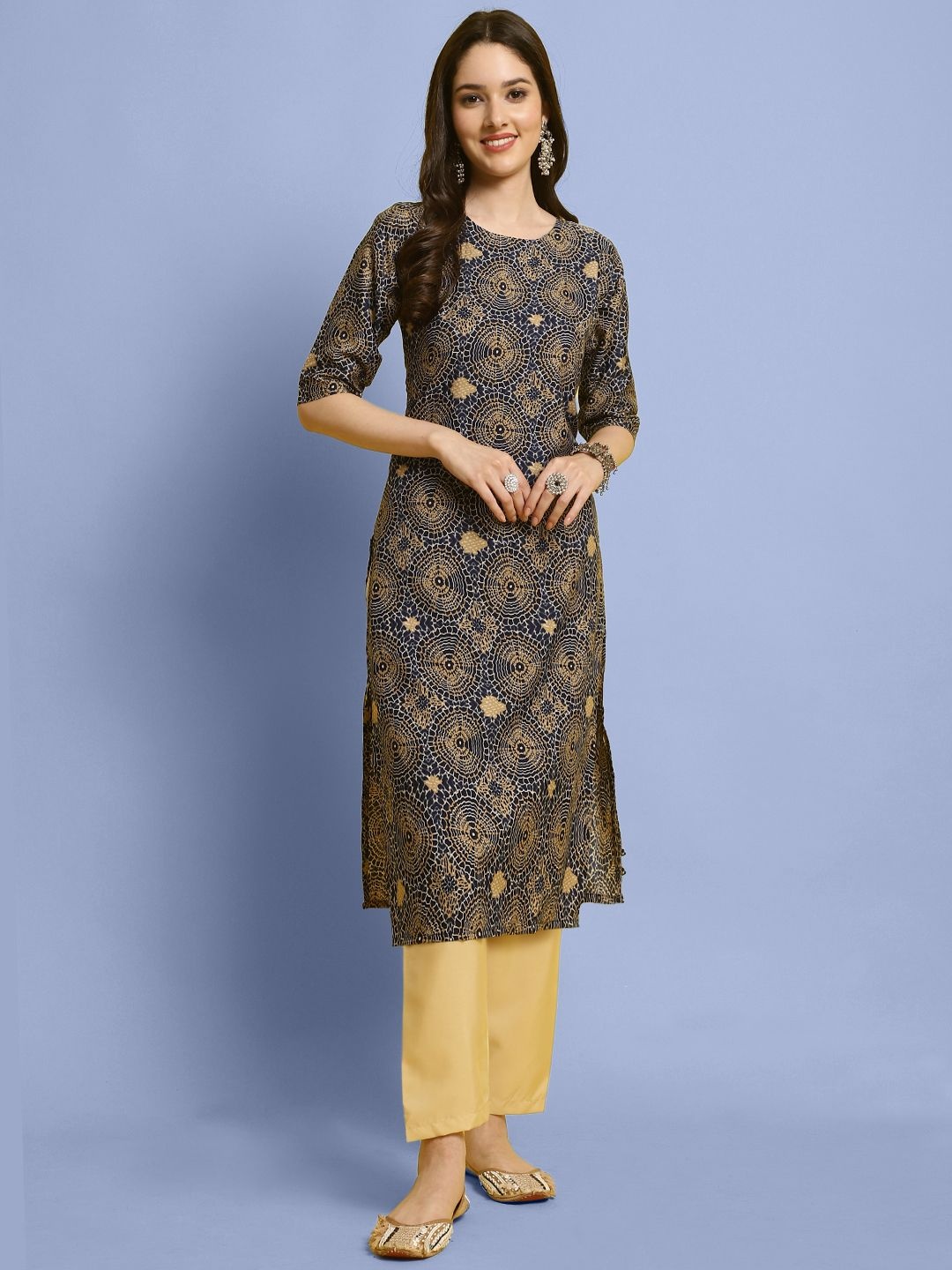 

7Threads Ethnic Motifs Printed Round Neck Straight Kurta With Trousers, Blue