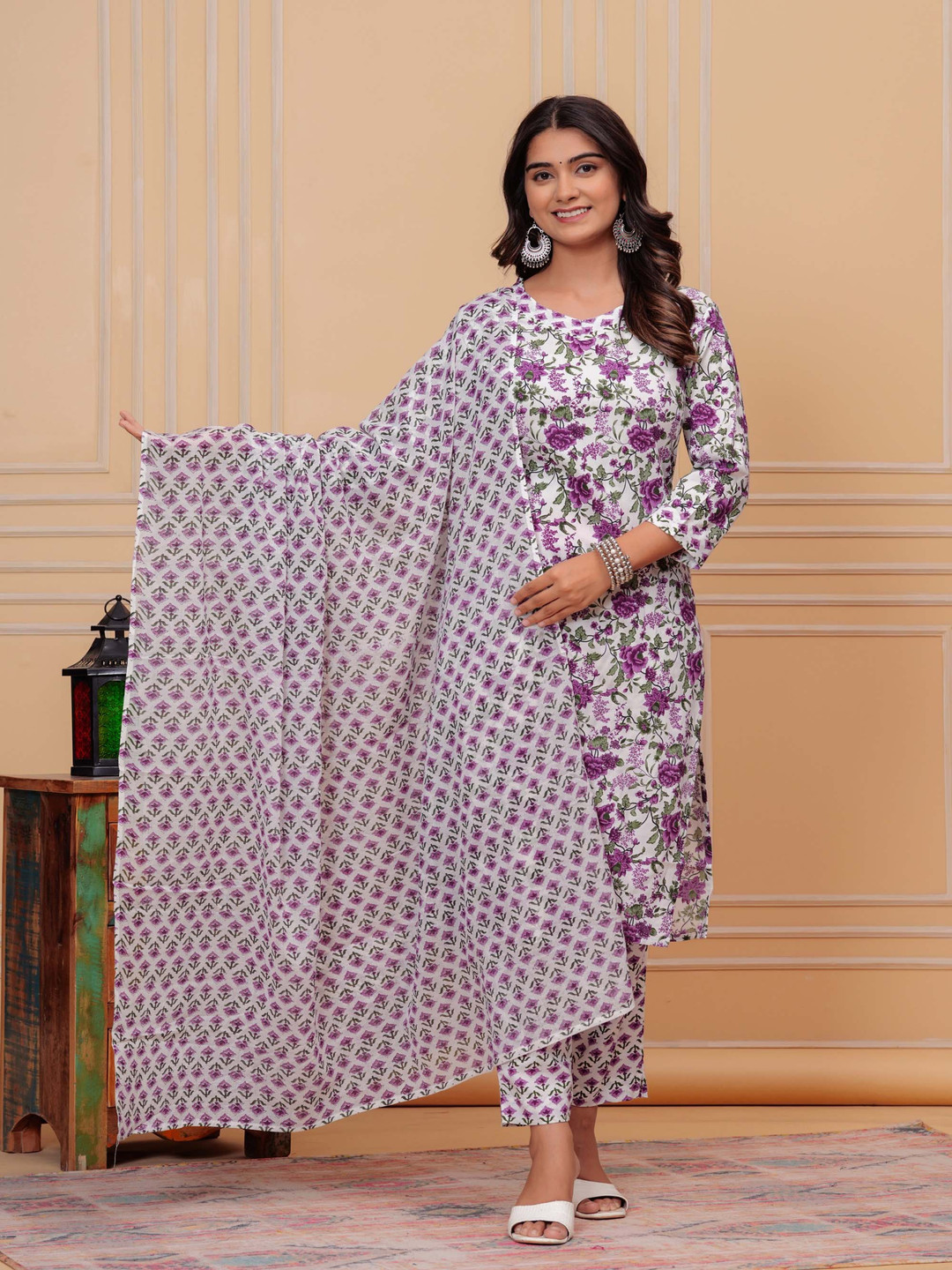 

BAESD Floral Printed Pure Cotton Kurta with Trouser & Dupatta, Purple