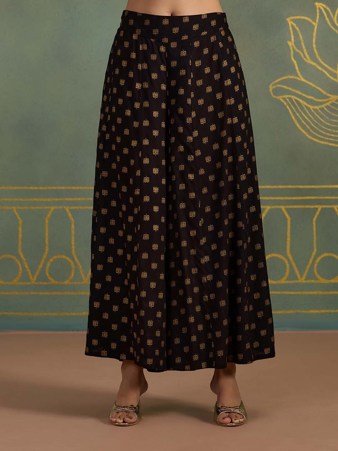 

Likha Women Ethnic Motifs Printed Flared Ethnic Palazzos, Black