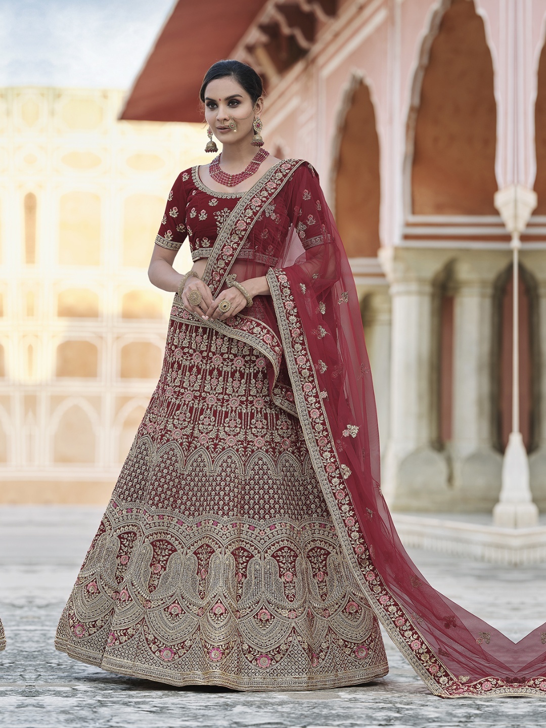 

Fusionic Embroidered Velvet Semi-Stitched Lehenga & Unstitched Blouse With Dupatta, Maroon