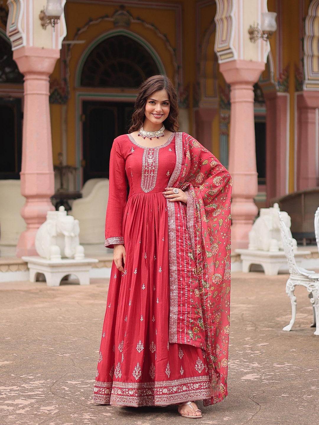 

JATRIQQ Women Embroidered Ethnic Dress With Dupatta, Red