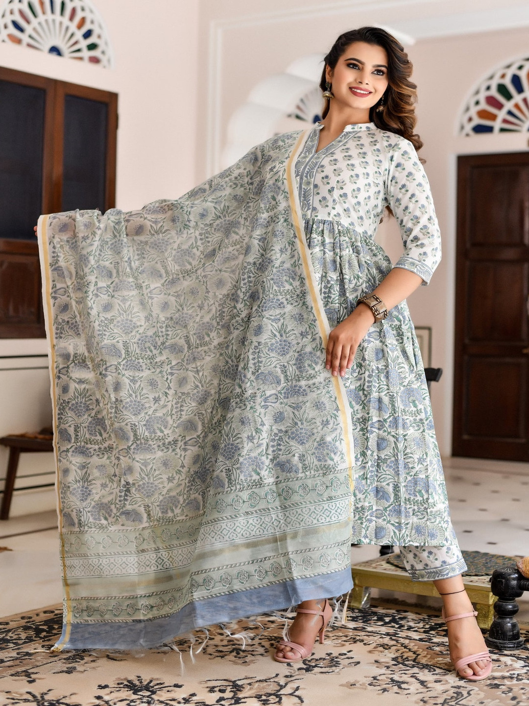 

KALINI Women Floral Printed Empire Kurta with Trousers & With Dupatta, White