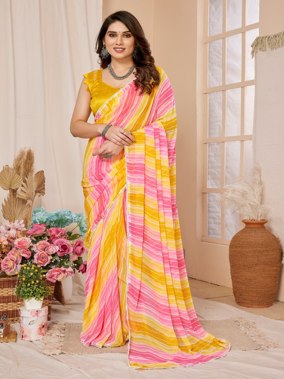 

KALINI Striped Printed Pure Georgette Saree, Yellow