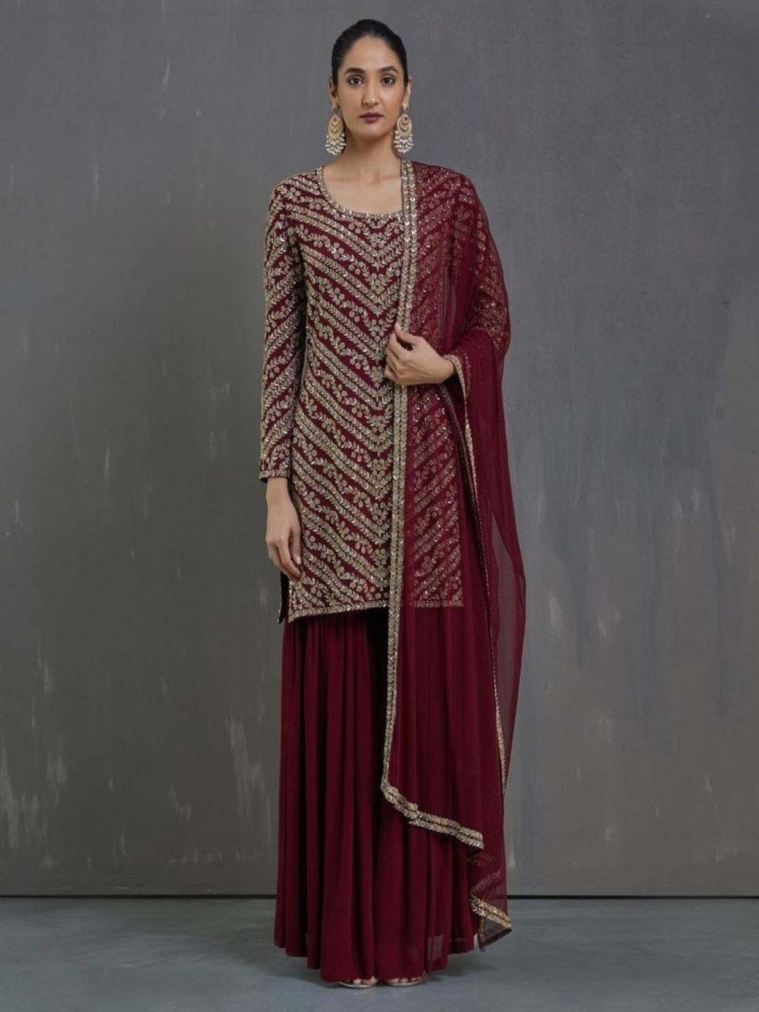 

Rujave Ethnic Motifs Embroidered Pleated Beads and Stones Kurti With Palazzos & Dupatta, Maroon