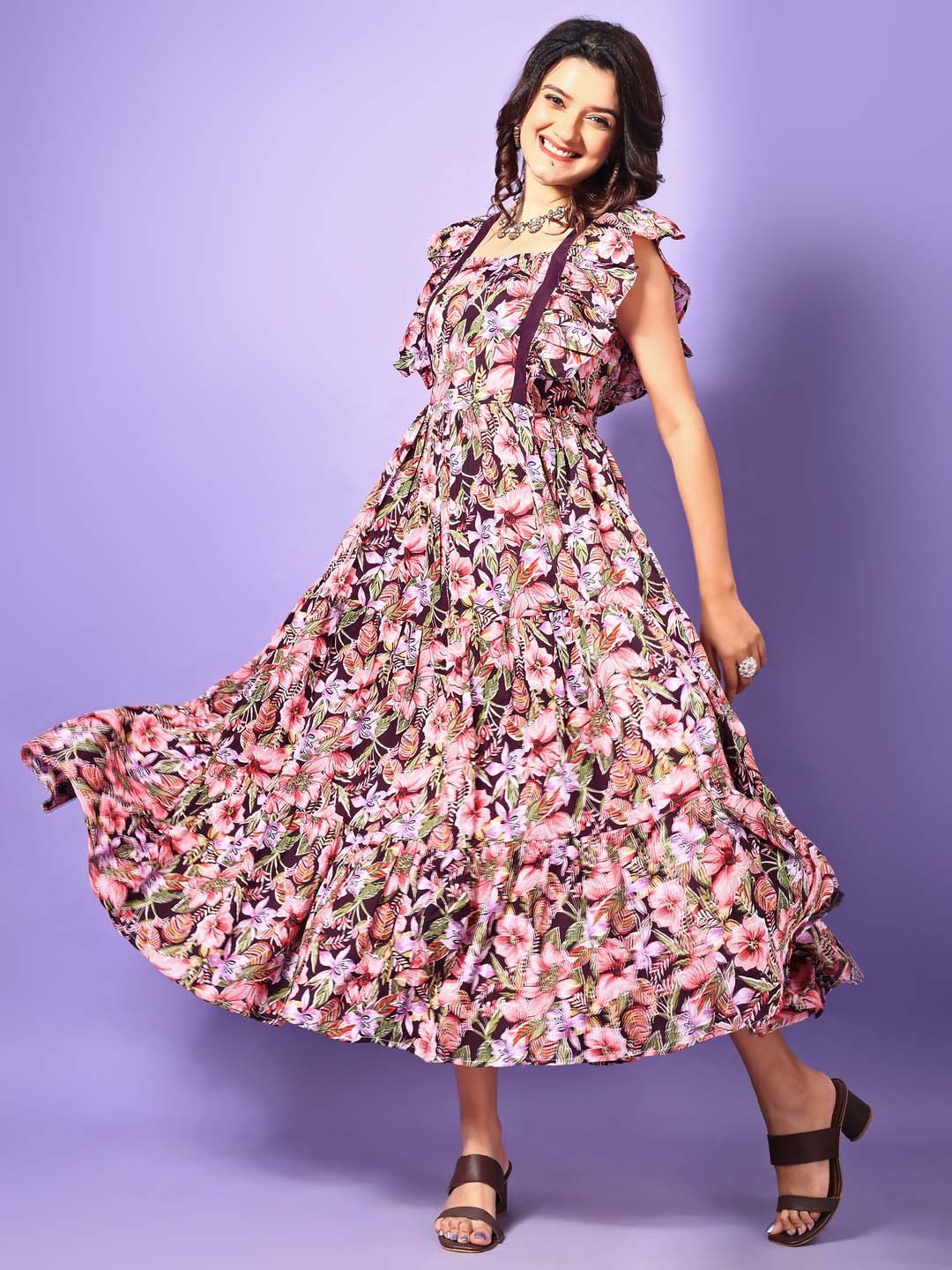 

Wedani Women Floral Printed Fit- Flare Maxi Dress, Purple