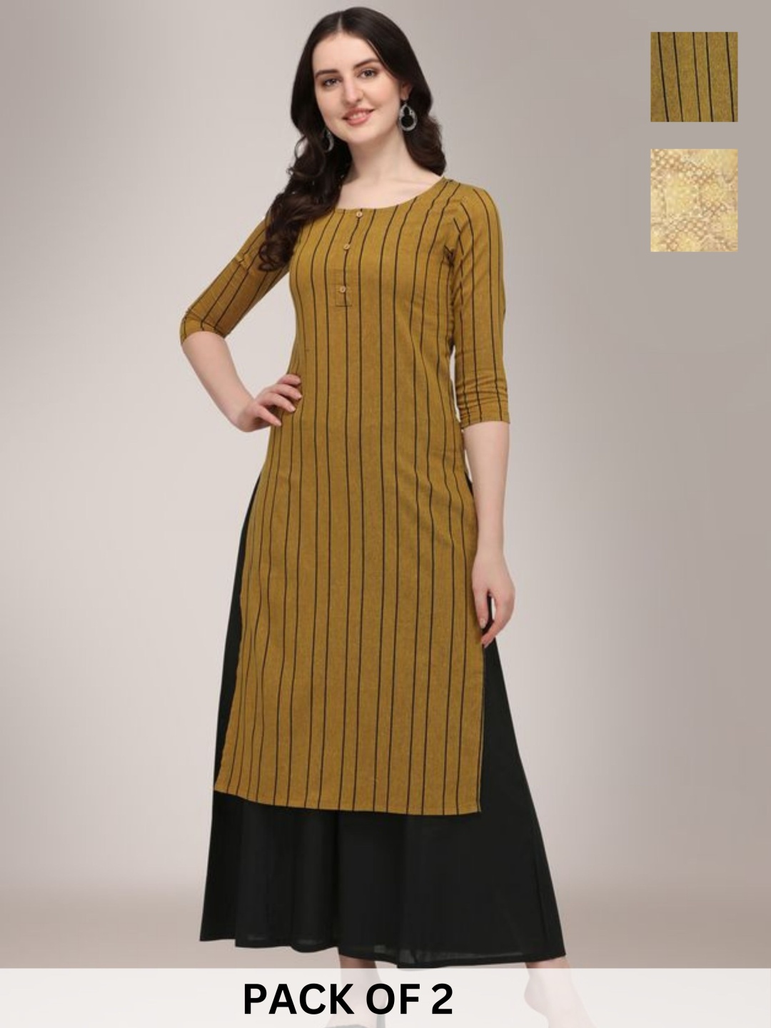 

KALINI Selection Of 2 Striped Round Neck Machine Weave Straight Kurta, Mustard