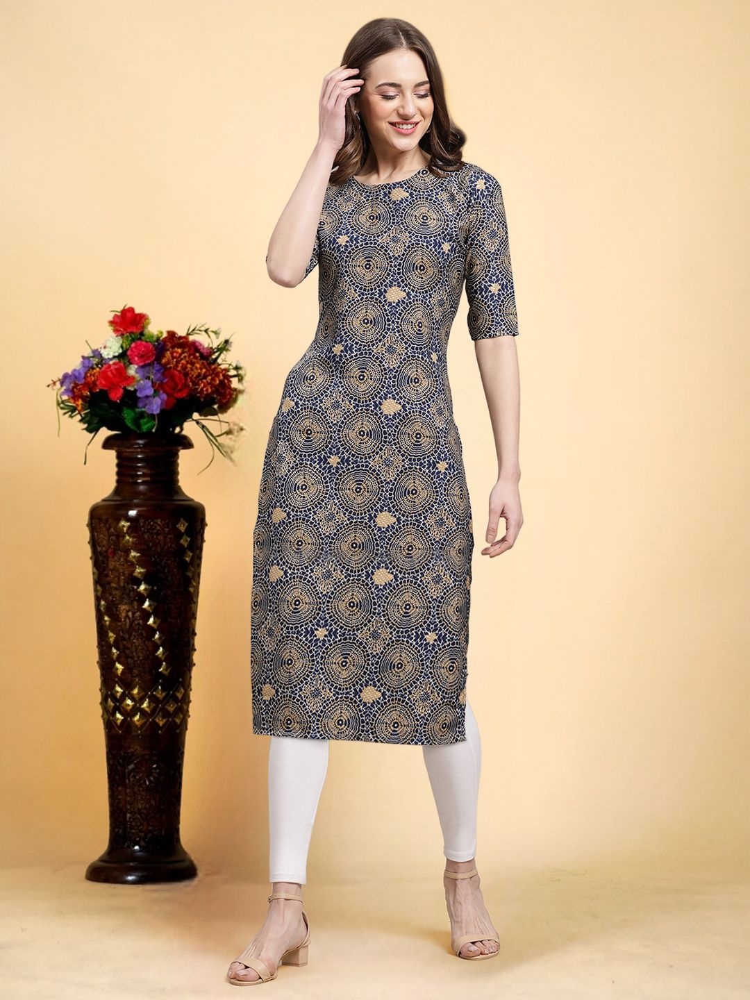 

7Threads Ethnic Motifs Printed Round Neck Straight Kurta, Navy blue
