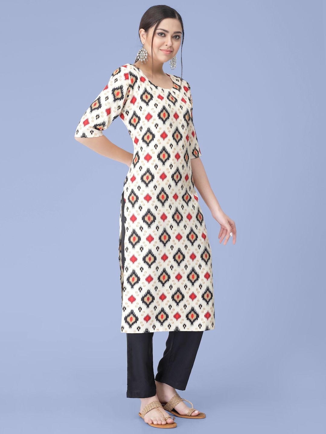 

7Threads Geometric Printed Round Neck Straight Kurta with Trousers, White