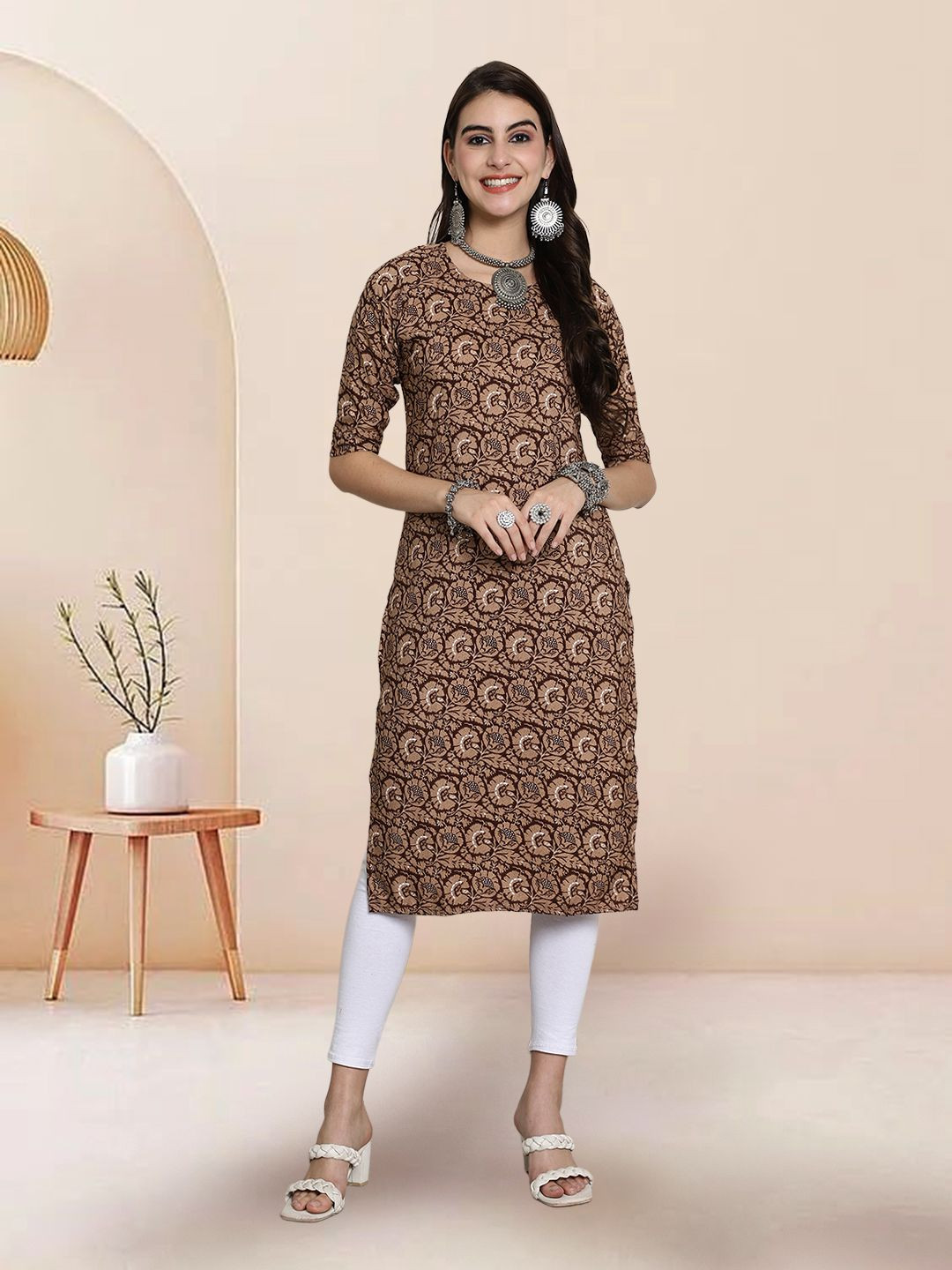 

7Threads Floral Printed Round Neck Straight Kurta, Beige