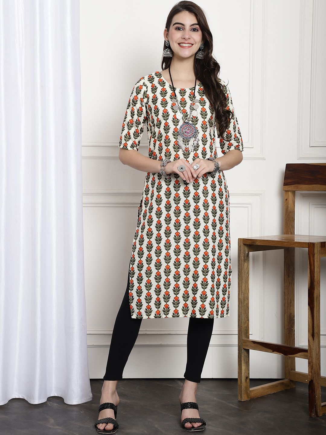 

7Threads Selection Of 6 Ethnic Motifs Printed Straight Crepe Kurta, Yellow