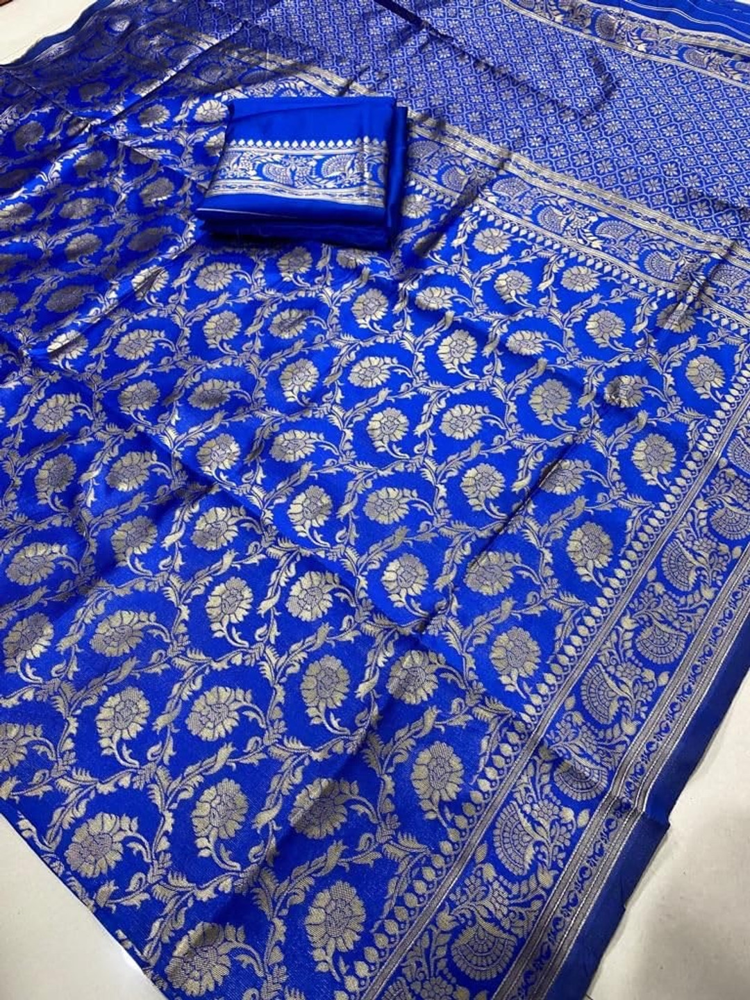 

QENY Woven Design Zari Pure Silk Banarasi Saree, Blue
