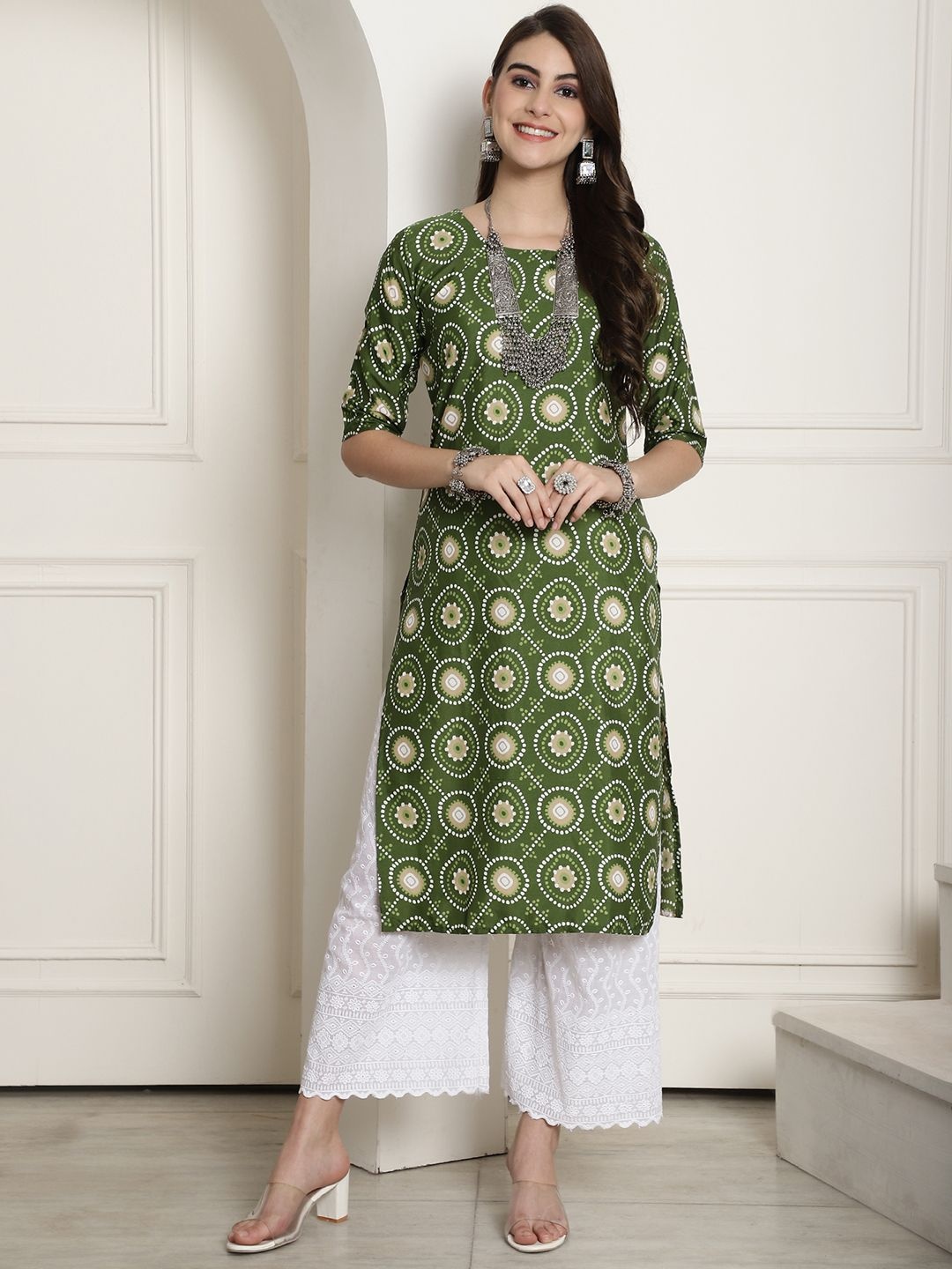 

7Threads Selections of 6 Ethnic Motifs Printed Straight Kurta, Green