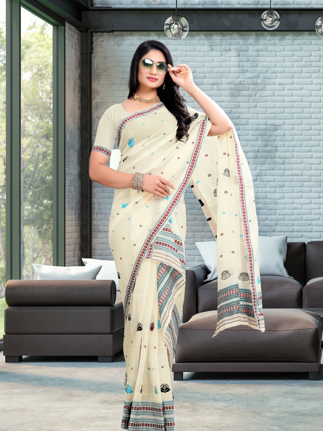 

KAMDAR Women Traditional Assamese Nooni AC Cotton Mekhela Chador, Cream
