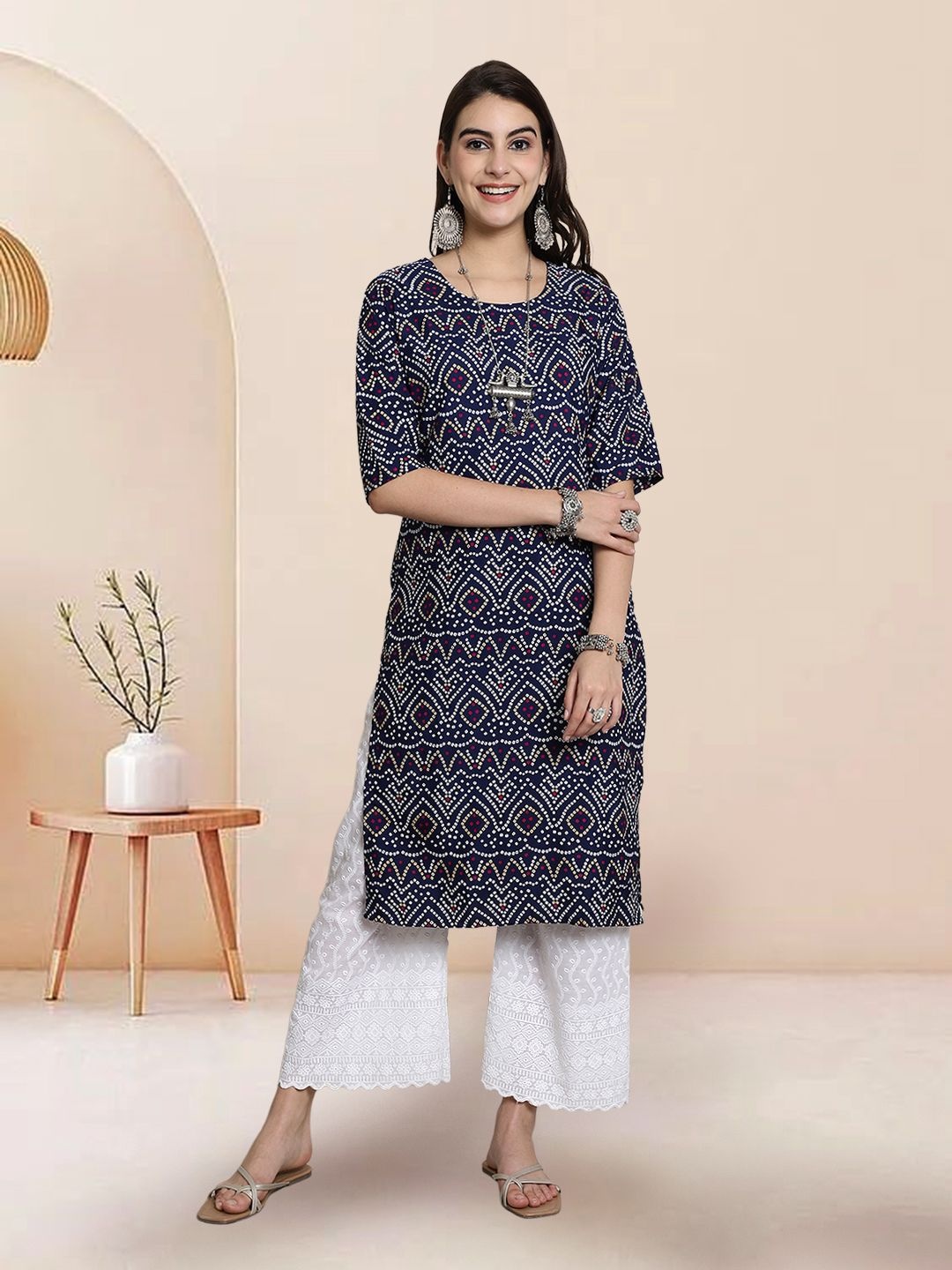 

7Threads Bandhani Printed Round Neck Straight Kurta, Navy blue