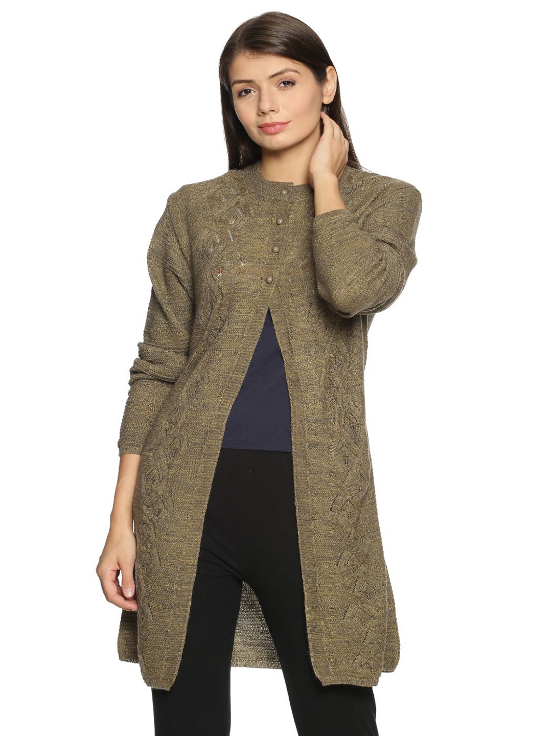 

CLAPTON Women Self Design Cable Knit Woollen Longline Cardigan Sweater, Olive