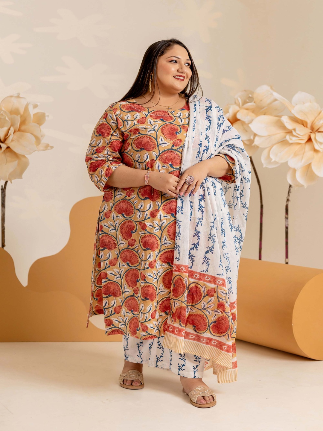 

LALI JAIPUR Plus Size Floral Printed Sequinned Pure Cotton Kurta with Trouser & Dupatta, Yellow