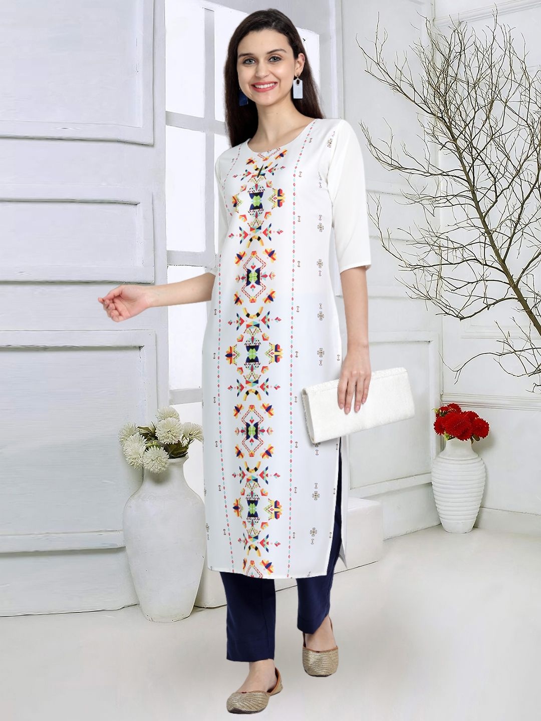 

7Threads Geometric Printed Round Neck Machine Weave Straight Kurta, White