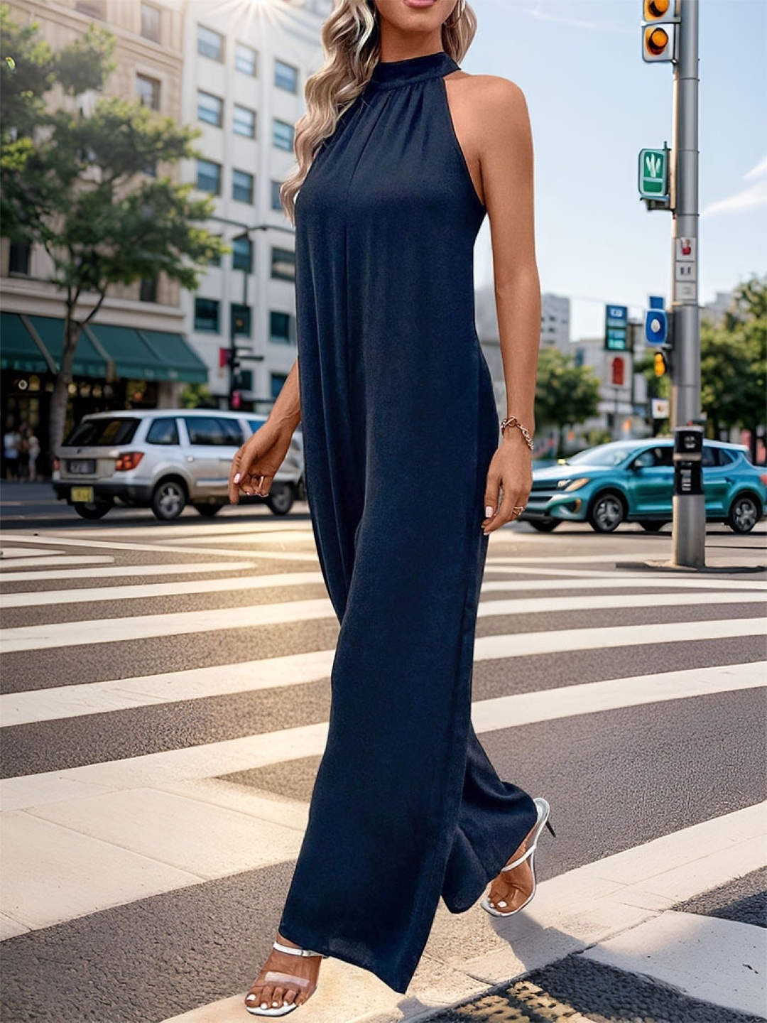 

KPOP Women Halter Neck Basic Jumpsuit, Navy blue