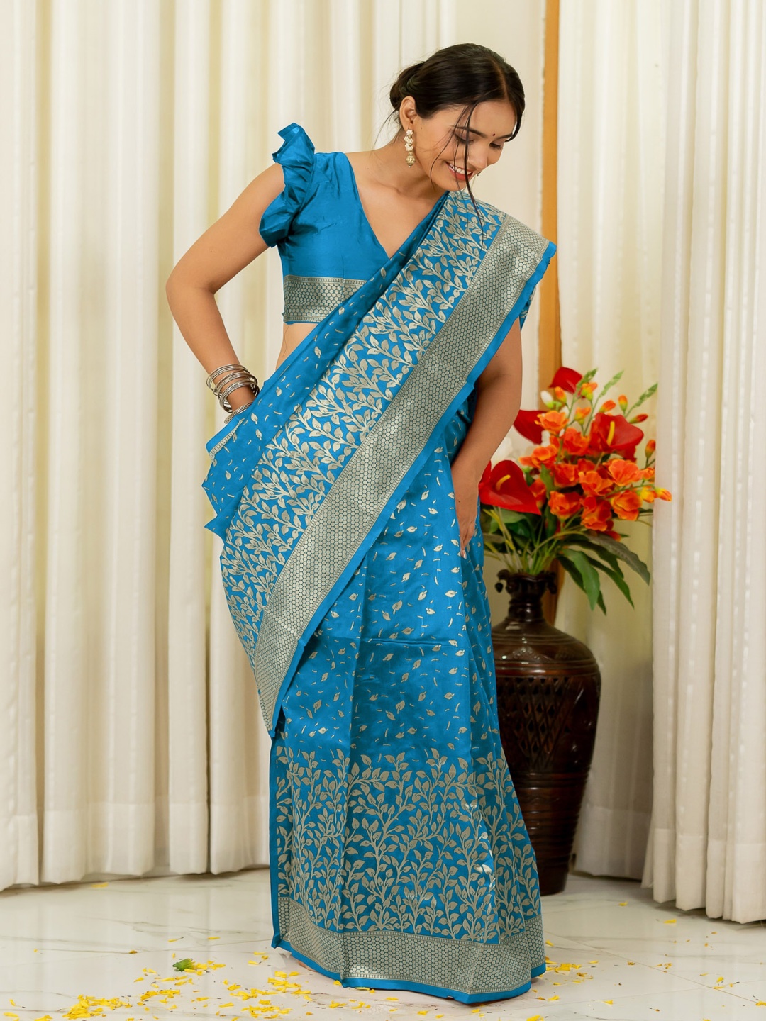 

Subham Woven Design Zari Silk Blend Banarasi Saree, Blue