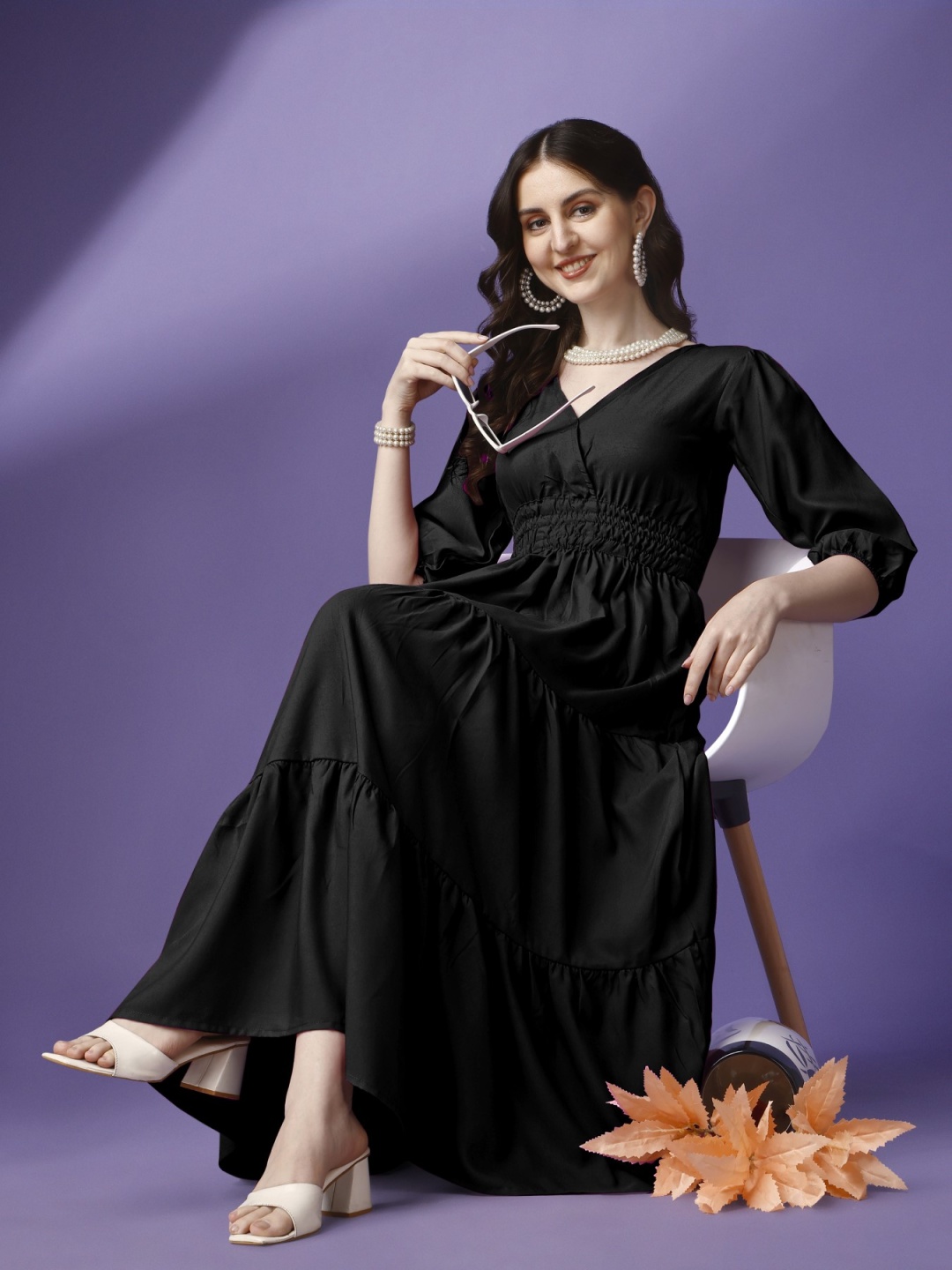 

Krunal Raiyani Women Applique Crepe Fit & Flare Solid Midi Dress, Black