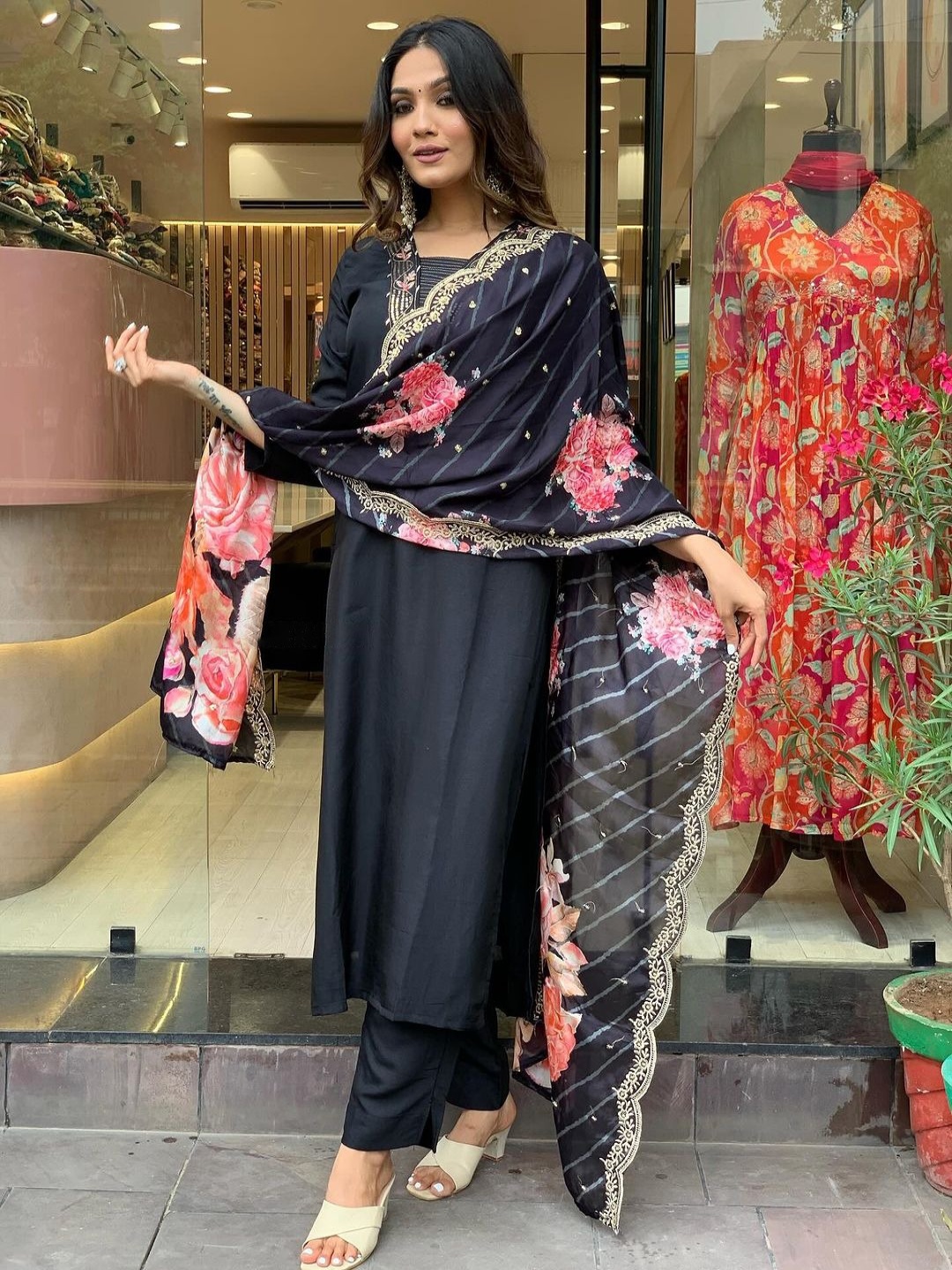 

KALINI Floral Embroidered Straight Kurta with Trousers & Dupatta, Black