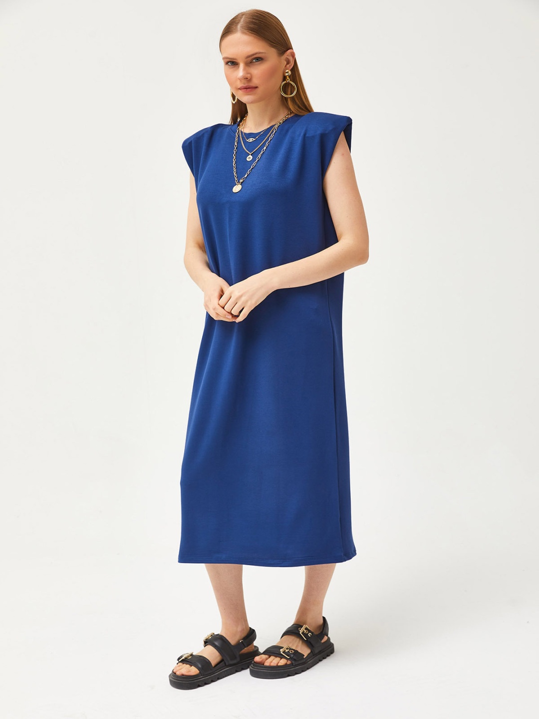 

Olalook Solid A-Line Midi Dress, Blue