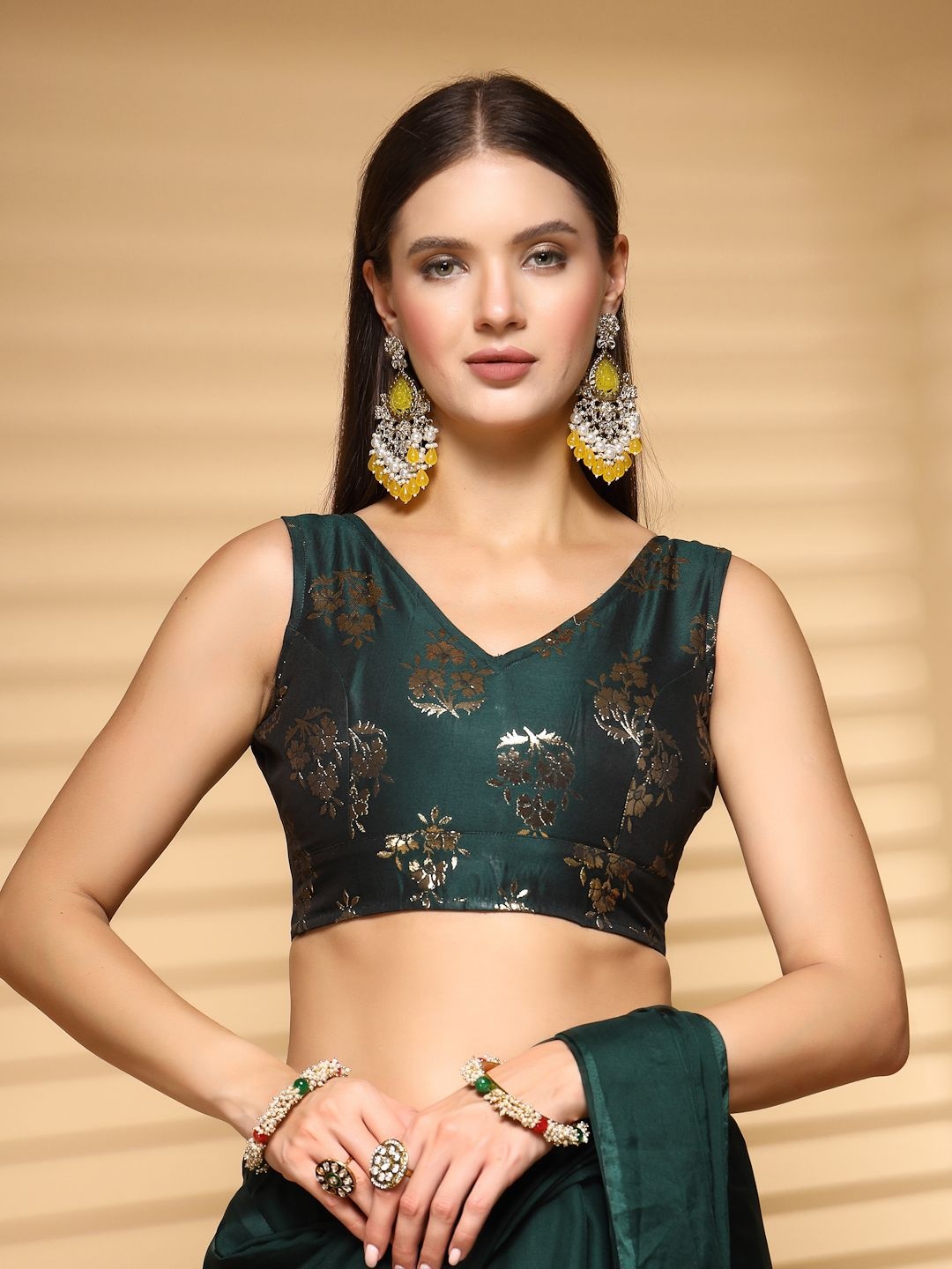 

Oomph! Women Non Padded V Neck Saree Blouse, Green