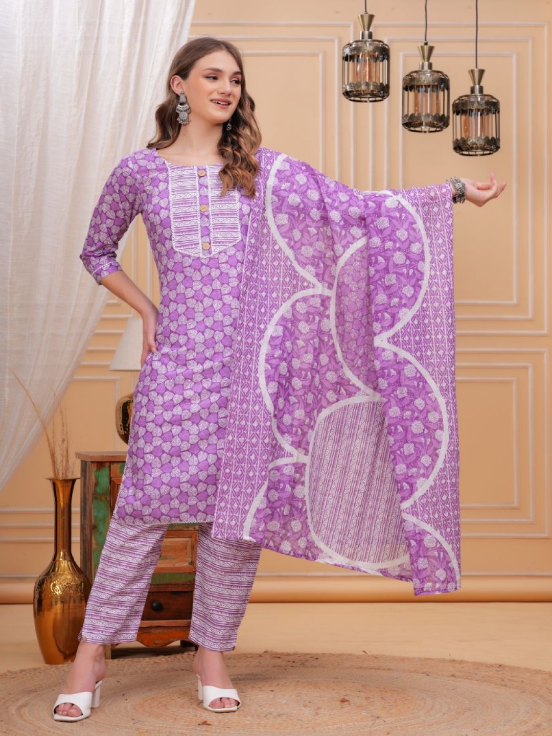 

KALINI Floral Motif Printed Embellished Pure Cotton Kurta With Trousers & Dupatta, Purple