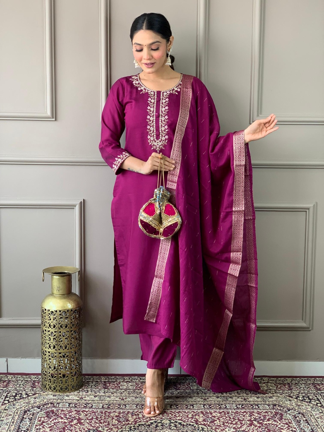 

THE52 Floral Yoke Design Thread Work Chanderi Silk Straight Kurta with Trousers, Purple