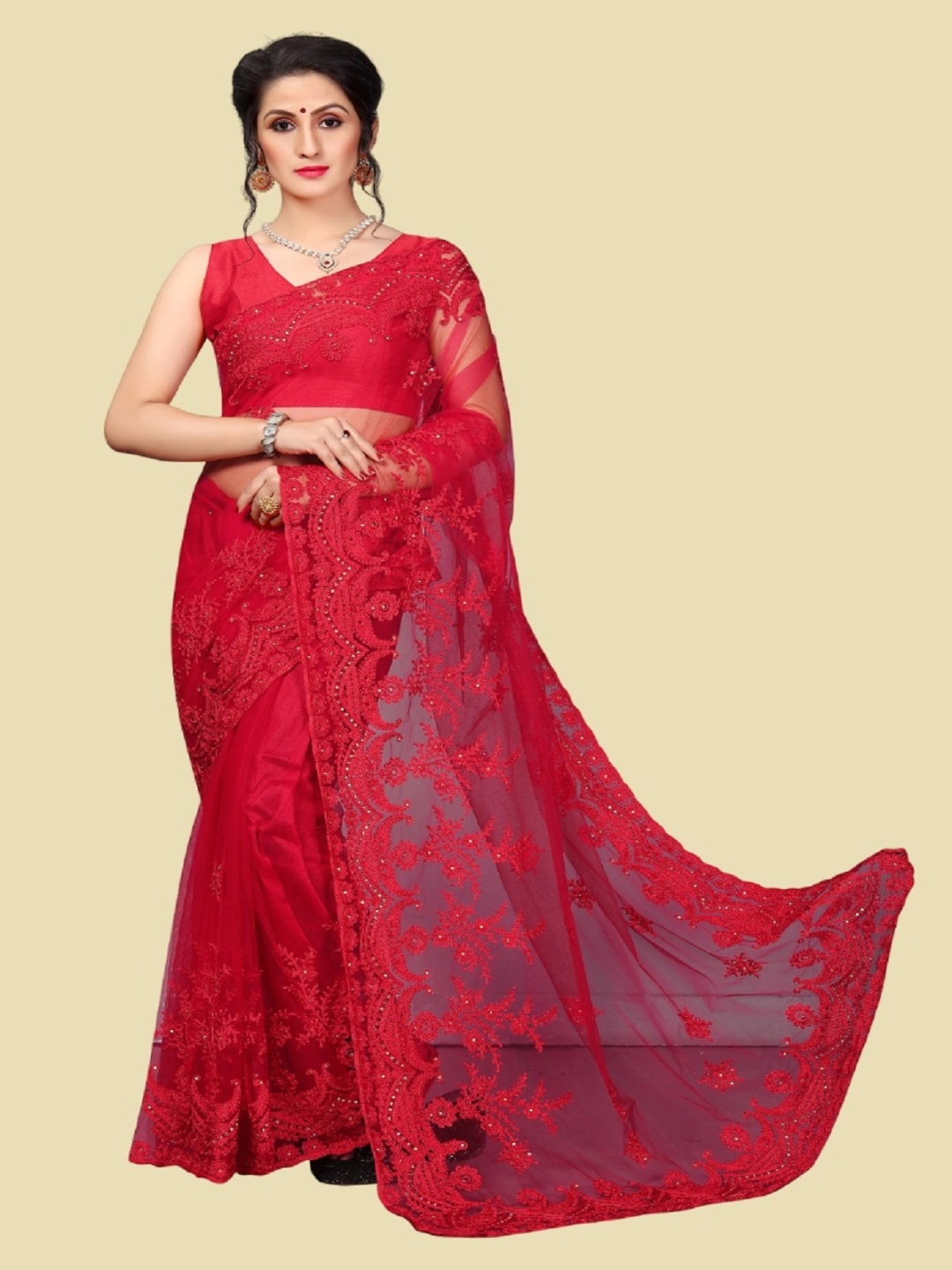 

Aika Women's Embroidered Floral Beads and Stones Net Saree, Red