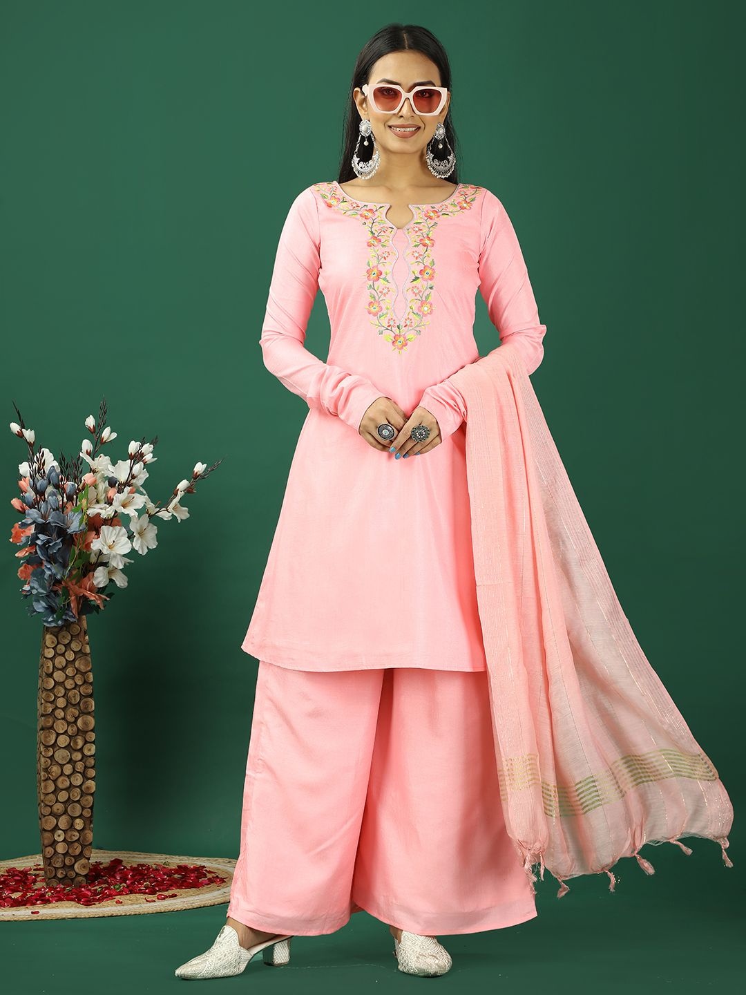 

Ethnovog Floral Embroidered Notch Neck A-line Kurta With Palazzo And Dupatta, Pink
