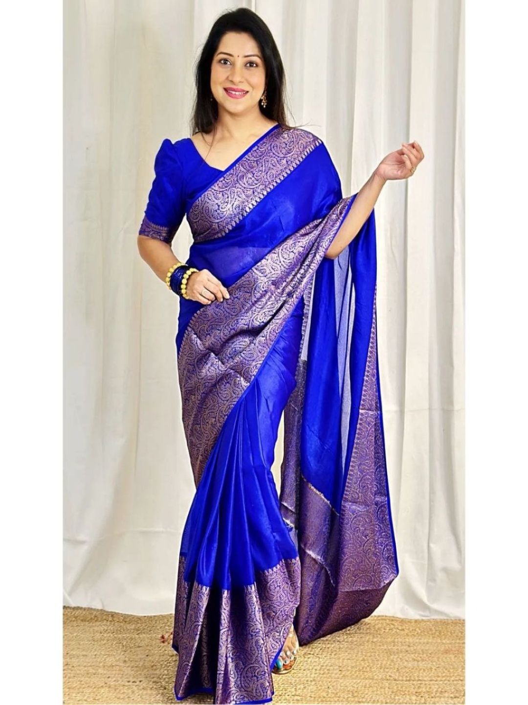

Wuxi Woven Design Zari Pure Silk Fusion Banarasi Saree, Blue