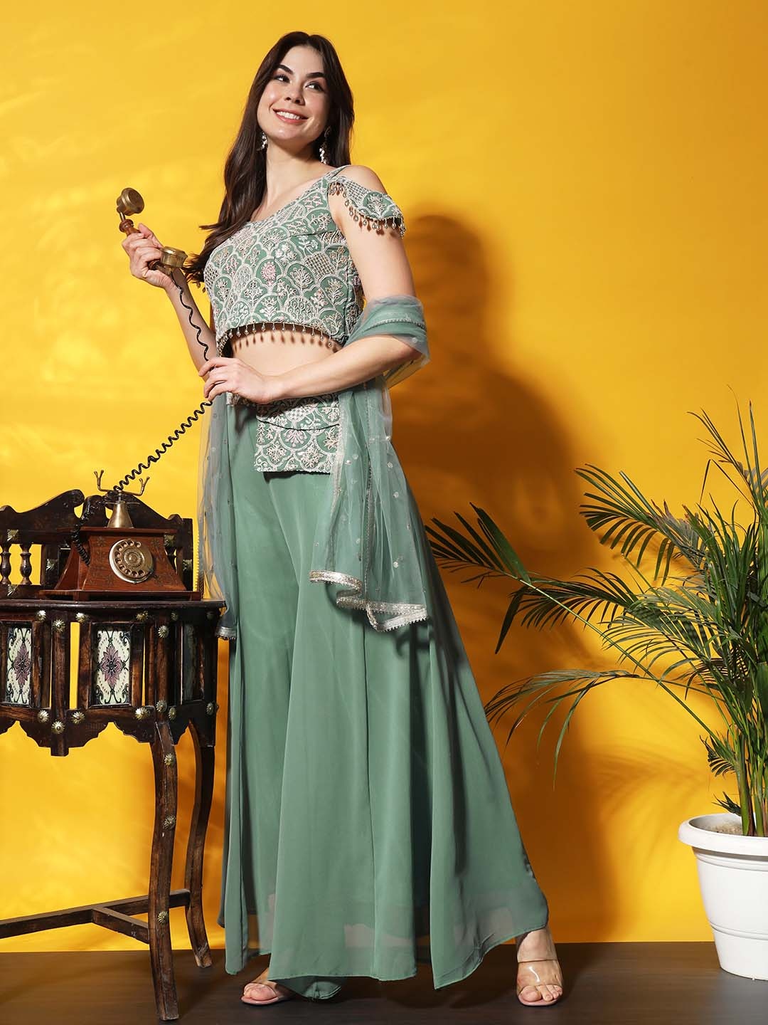 

Chhabra 555 Embroidered Crop Top & Flared Palazzos With Dupatta Co-Ords, Teal