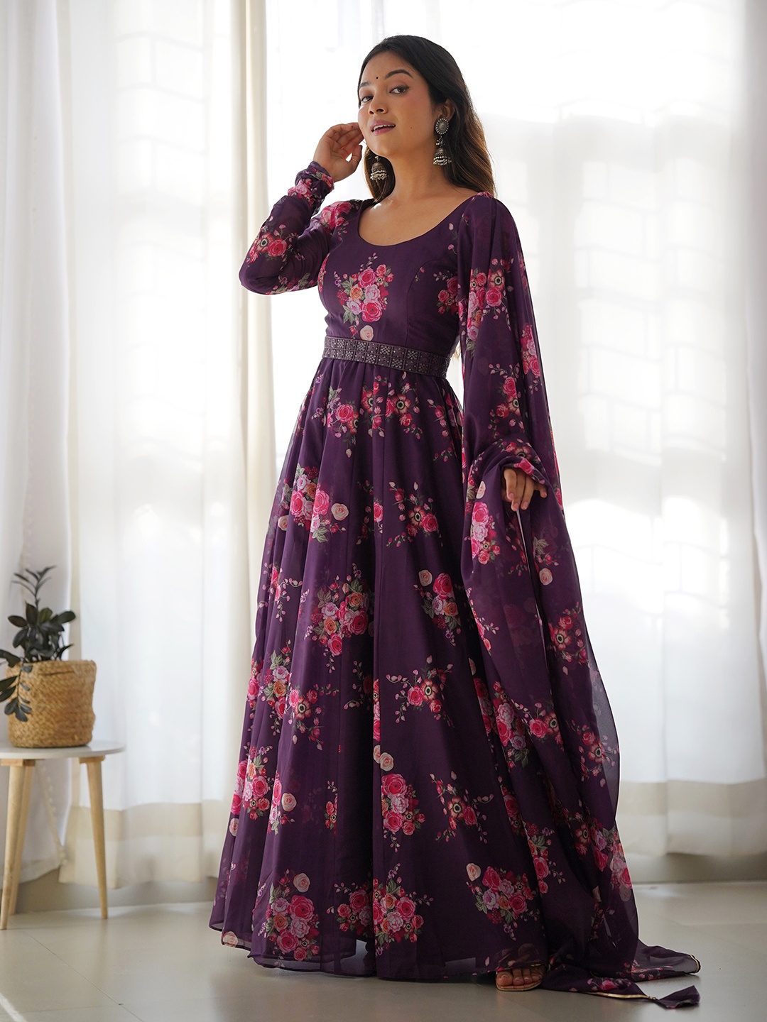 

Tanhai Floral Printed Anarkali Kurta & Trousers With Dupatta, Purple