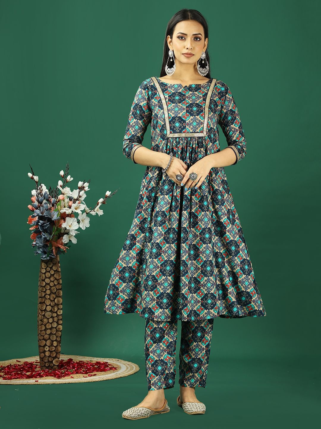 

Ethnovog Ethnic Motifs Printed Embellished Notch Neck A-Line Kurta With Trousers, Blue