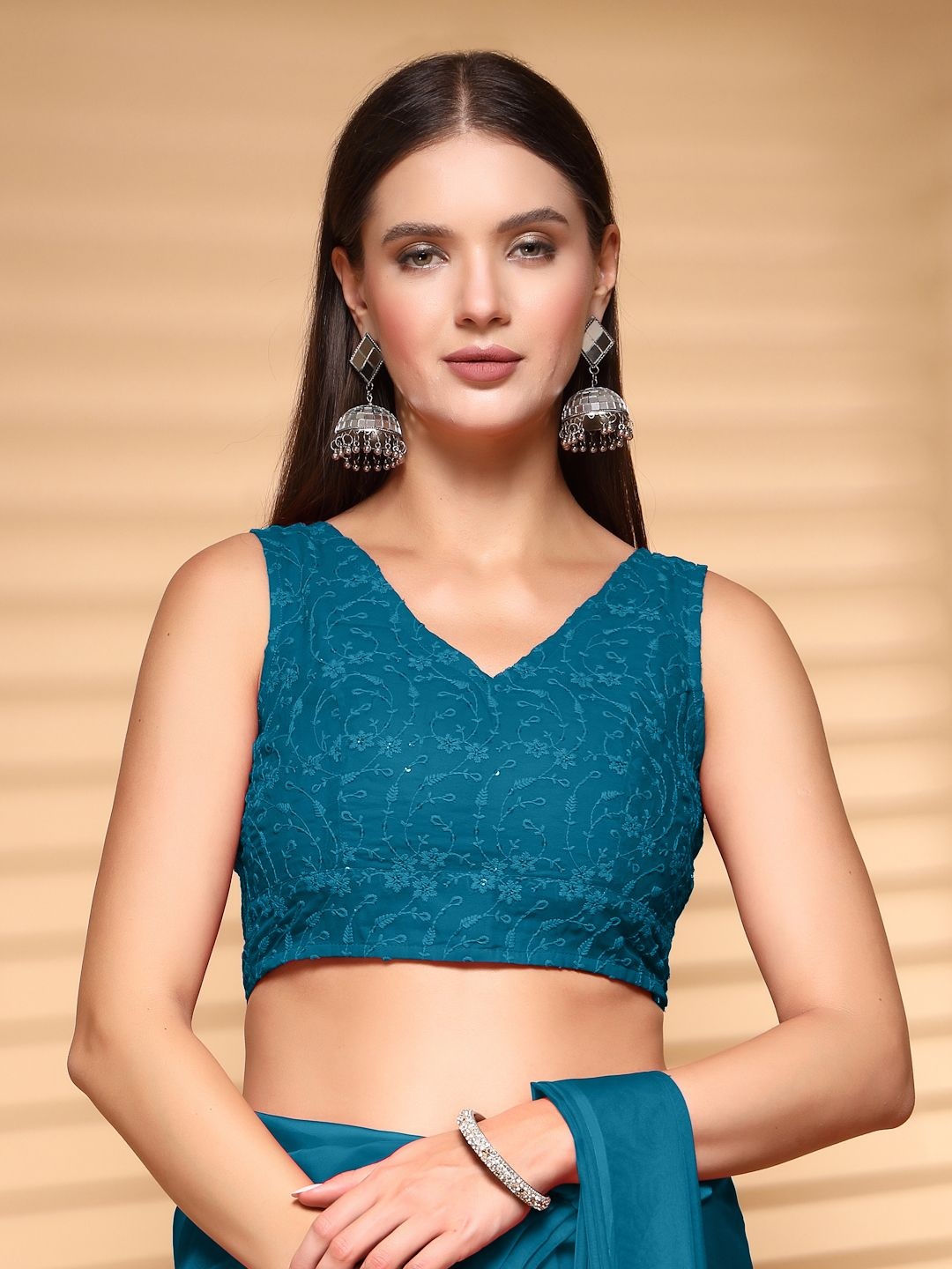 

Oomph! Embroidered V-Neck Jacquard Saree Blouse, Teal