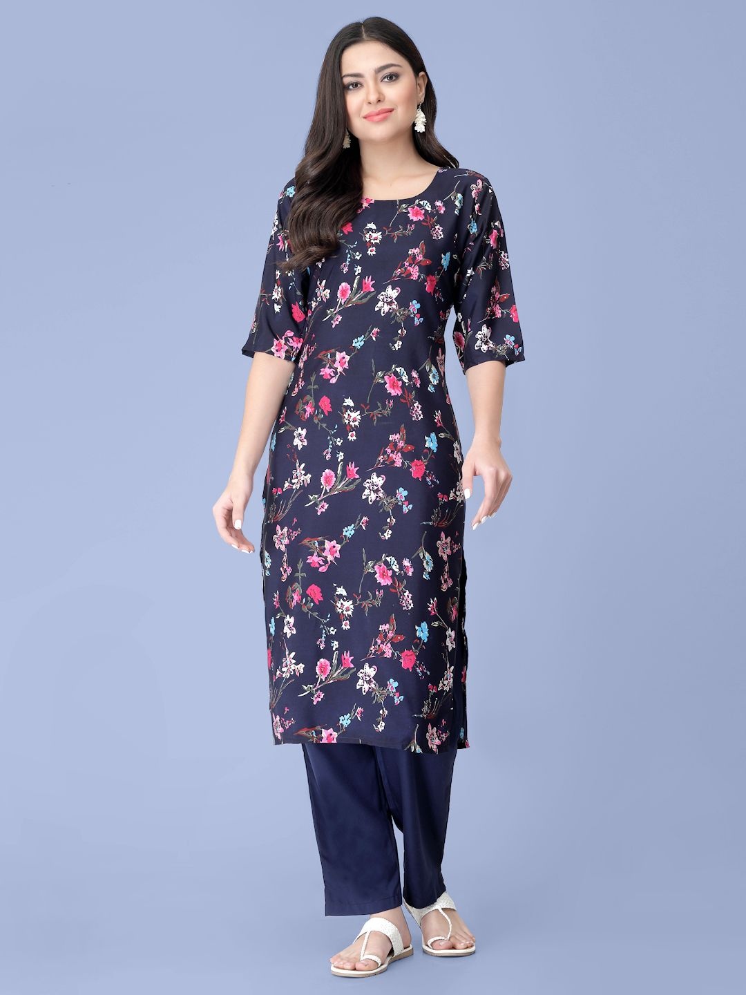 

7Threads Floral Printed Round Neck Straight Kurta with Trouser, Navy blue