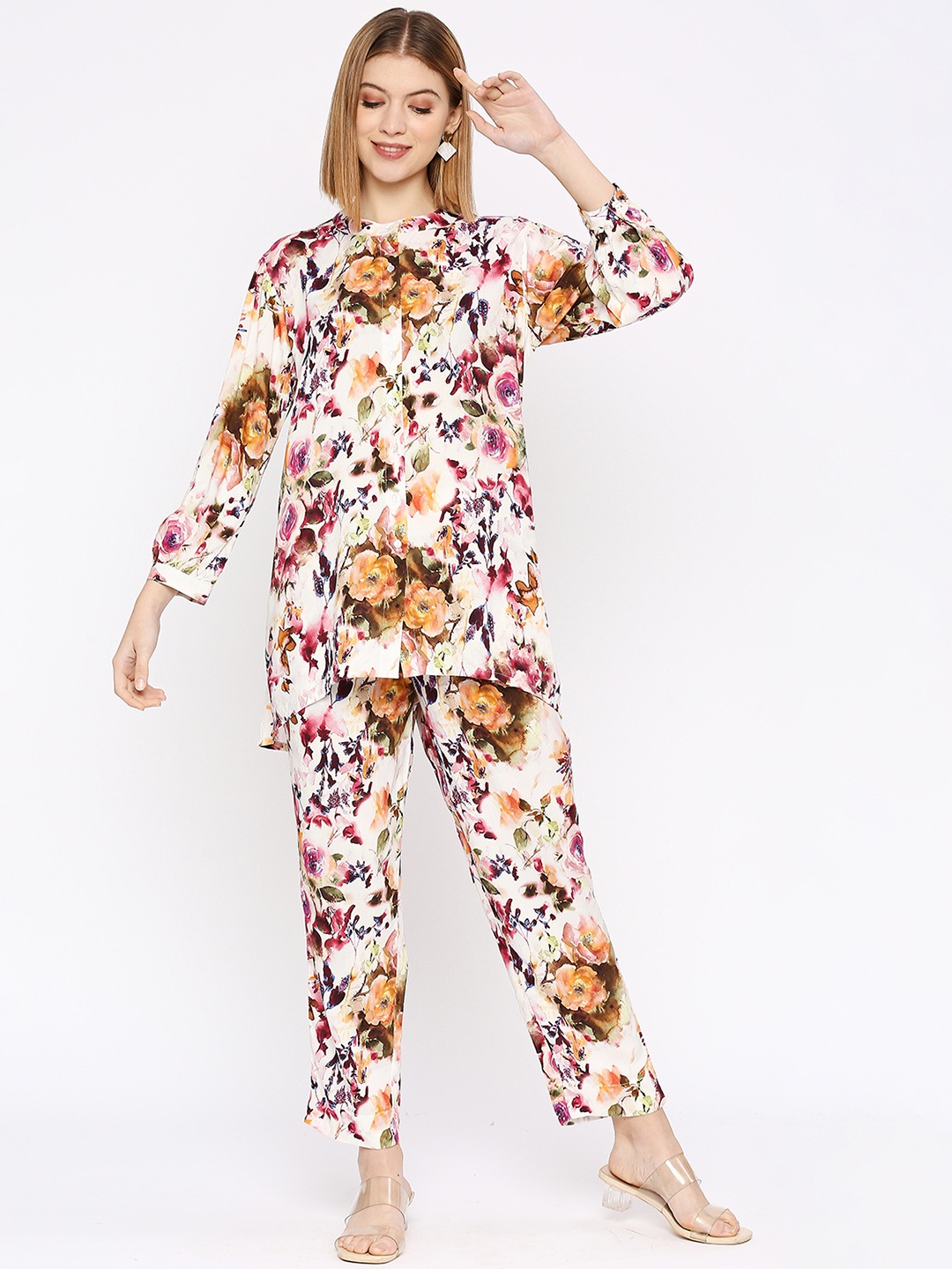 

Cloth Haus India Mandarin Collar Floral Print Maxi Longline Top, White