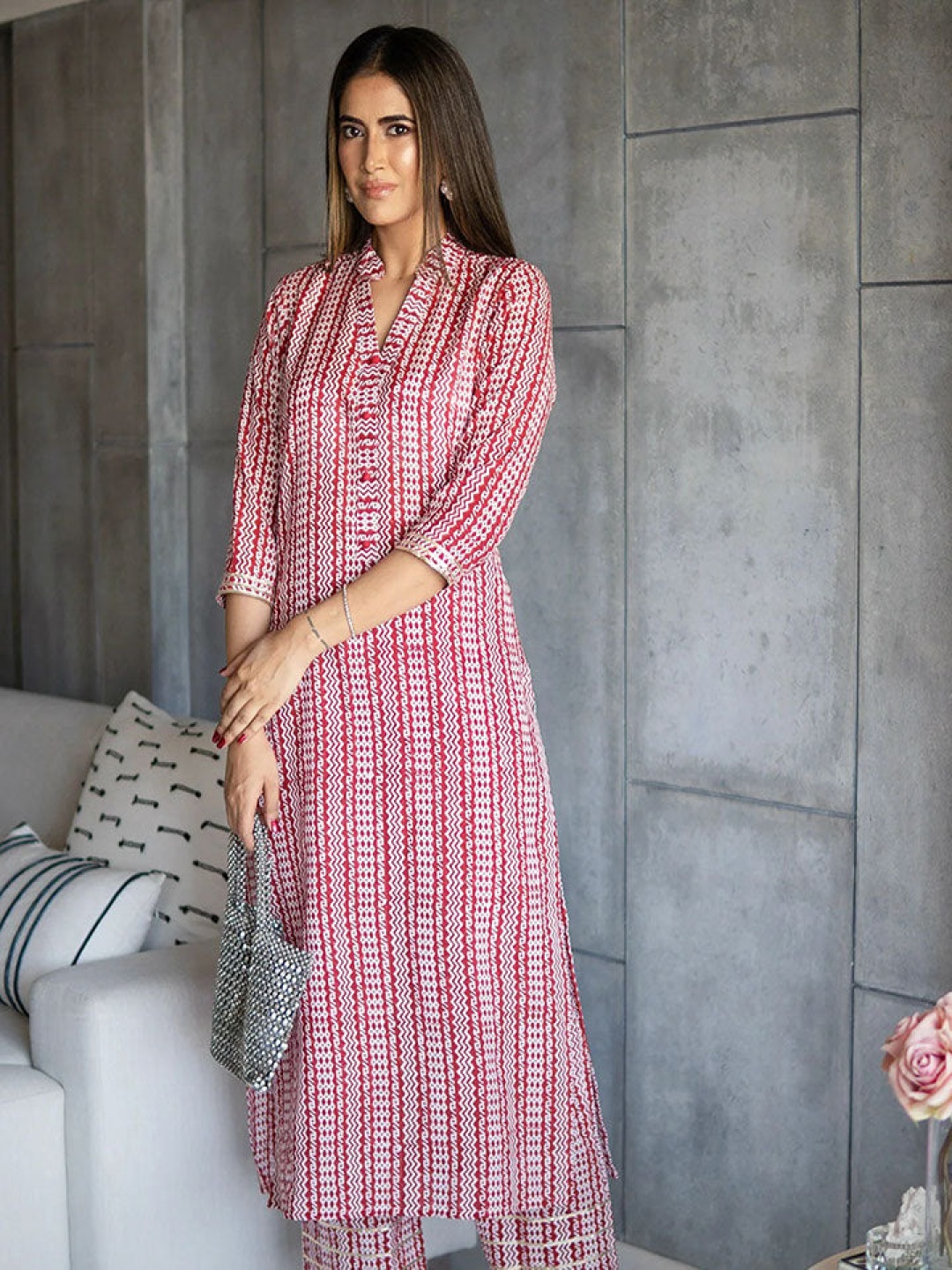 

KALINI Geometric Printed Mandarin Collar Straight Kurta with Trousers, Red
