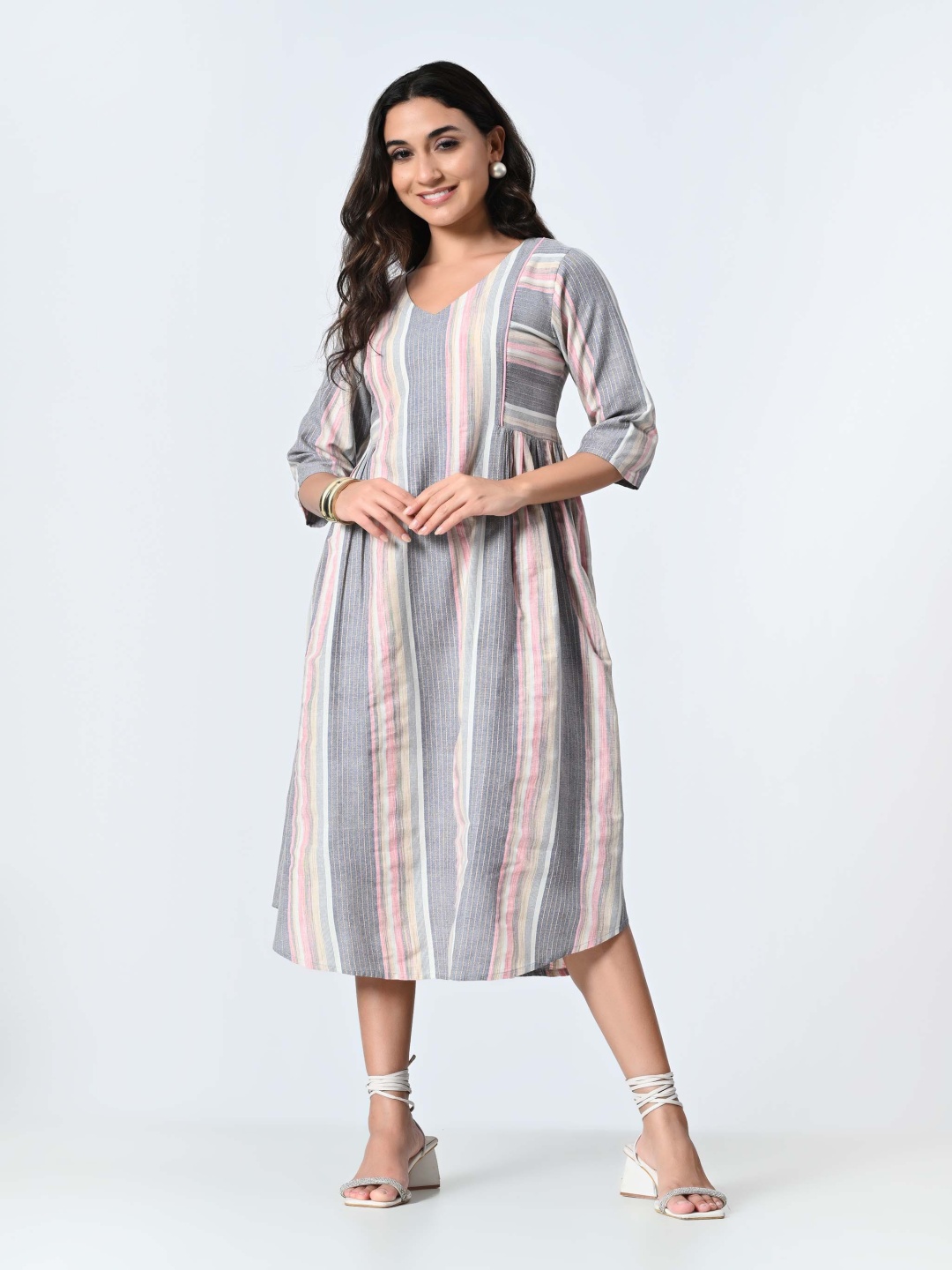 

BAESD Women Striped V-neck A-Line Midi Dress, Grey