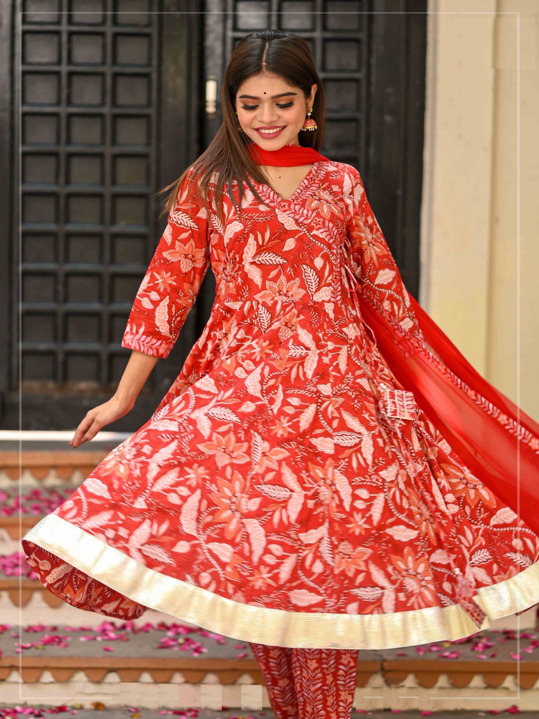 

PARTHVI Ethnic Motifs Printed Angrakha Sequinned Anarkali Kurta with Trousers & Dupatta, Red