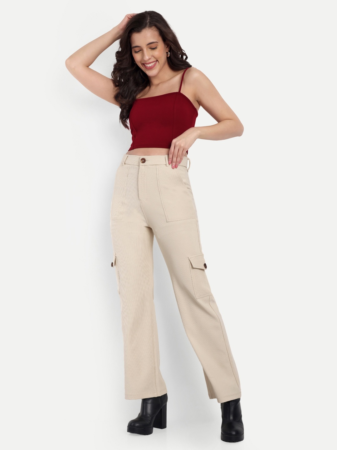 

Next One Women Smart Straight Fit High-Rise Corduroy Cargos Trouser, Beige